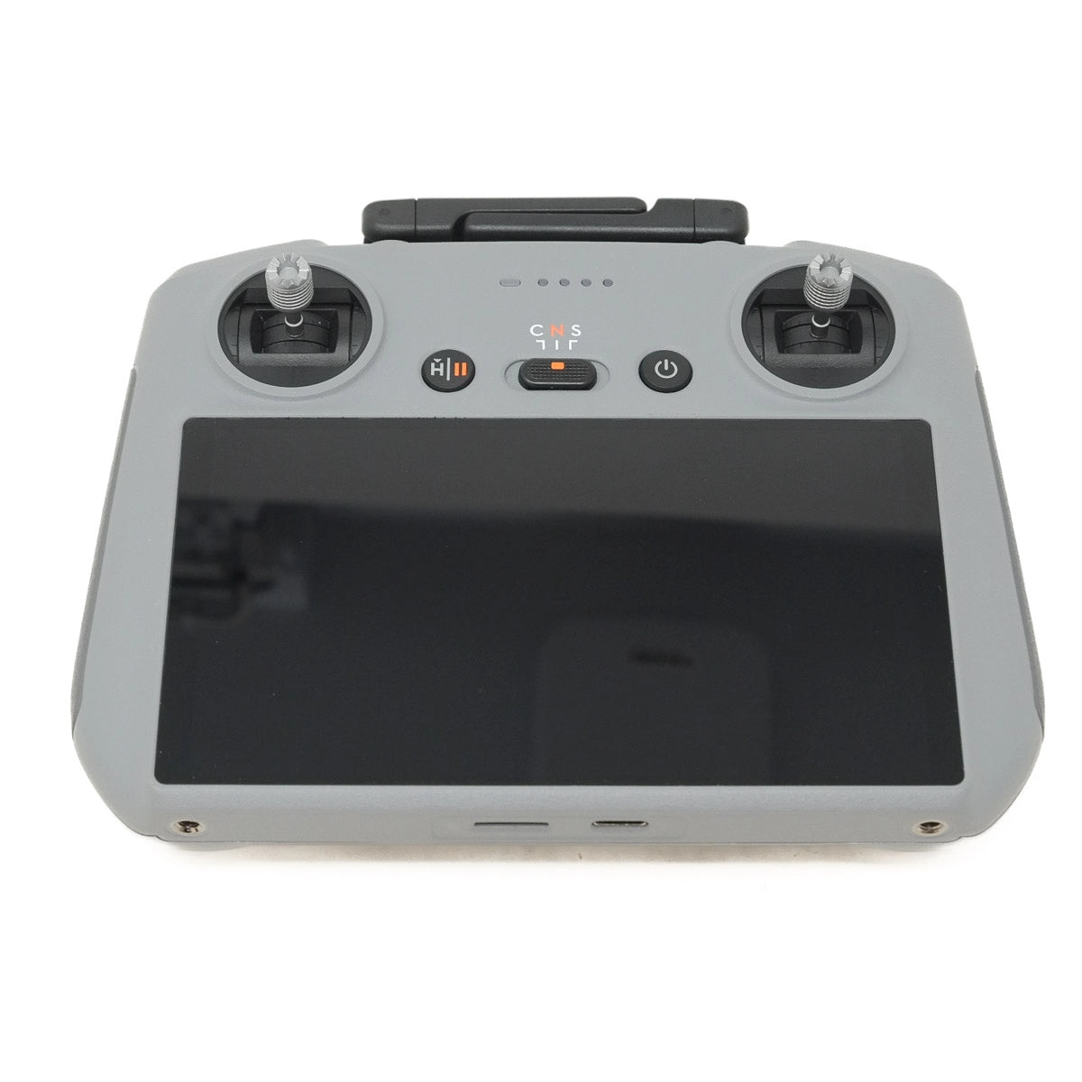 Gray drone remote control with screen on a white background