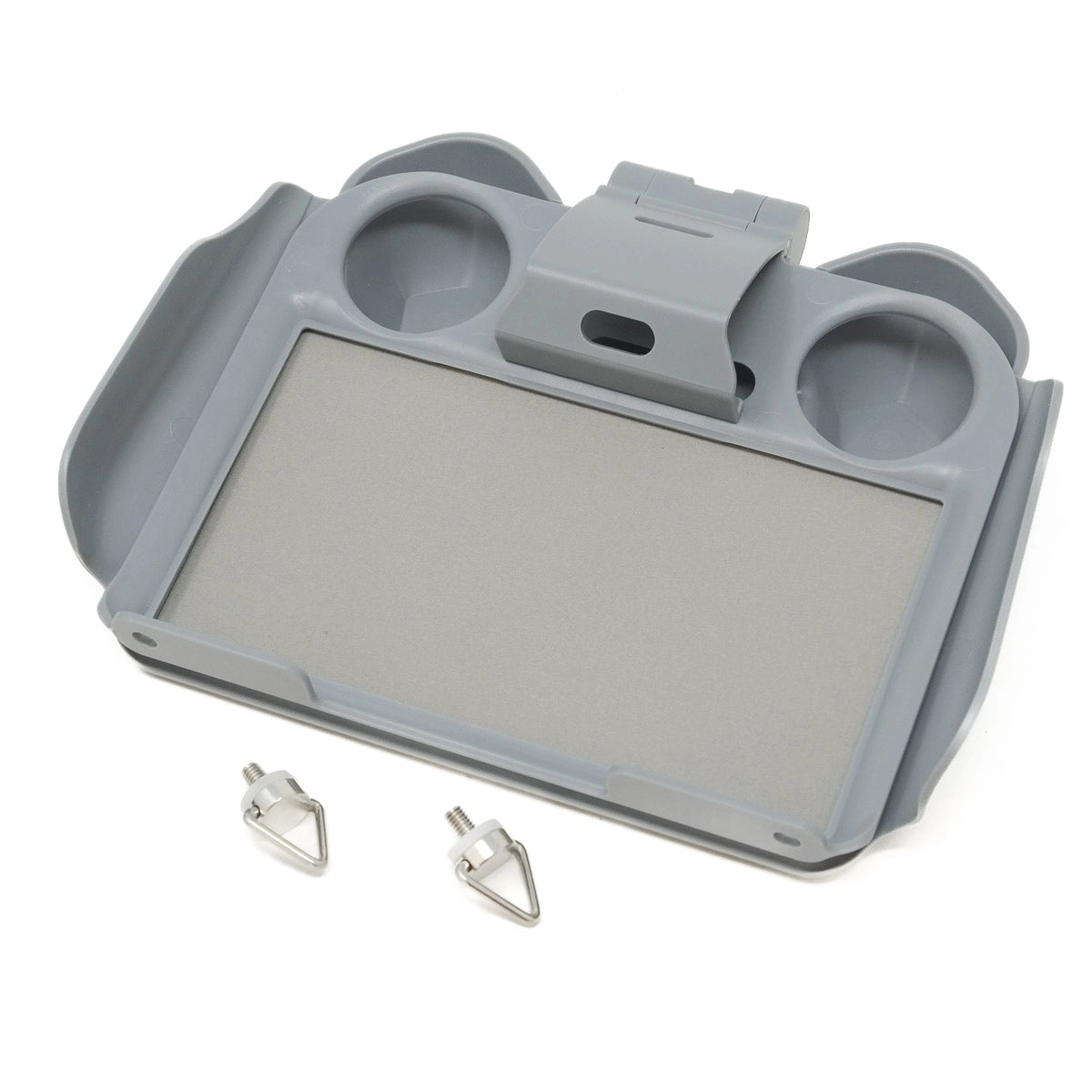 Gray plastic tool with a screen and two small attachments on a white background