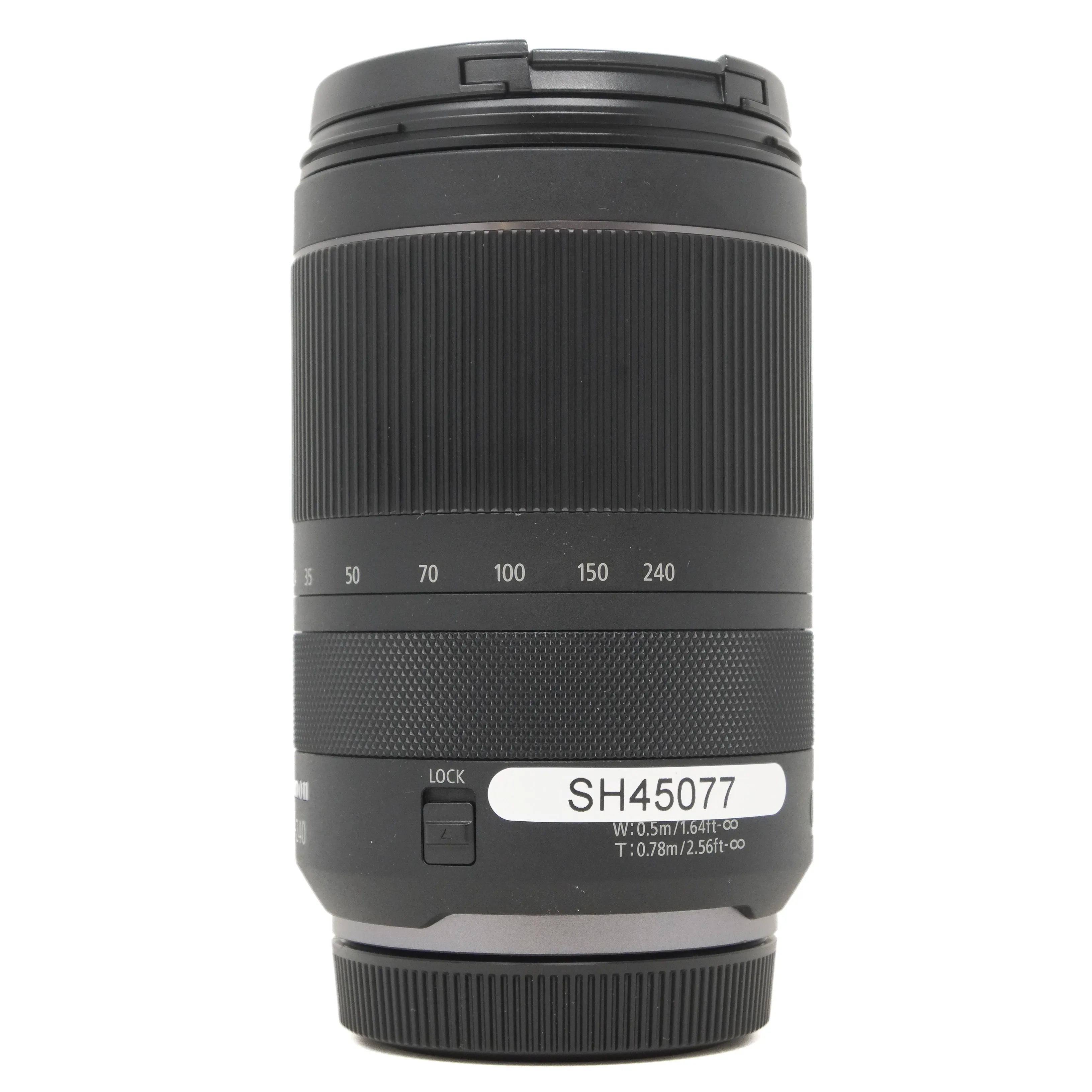 Camera lens with specifications on a white background