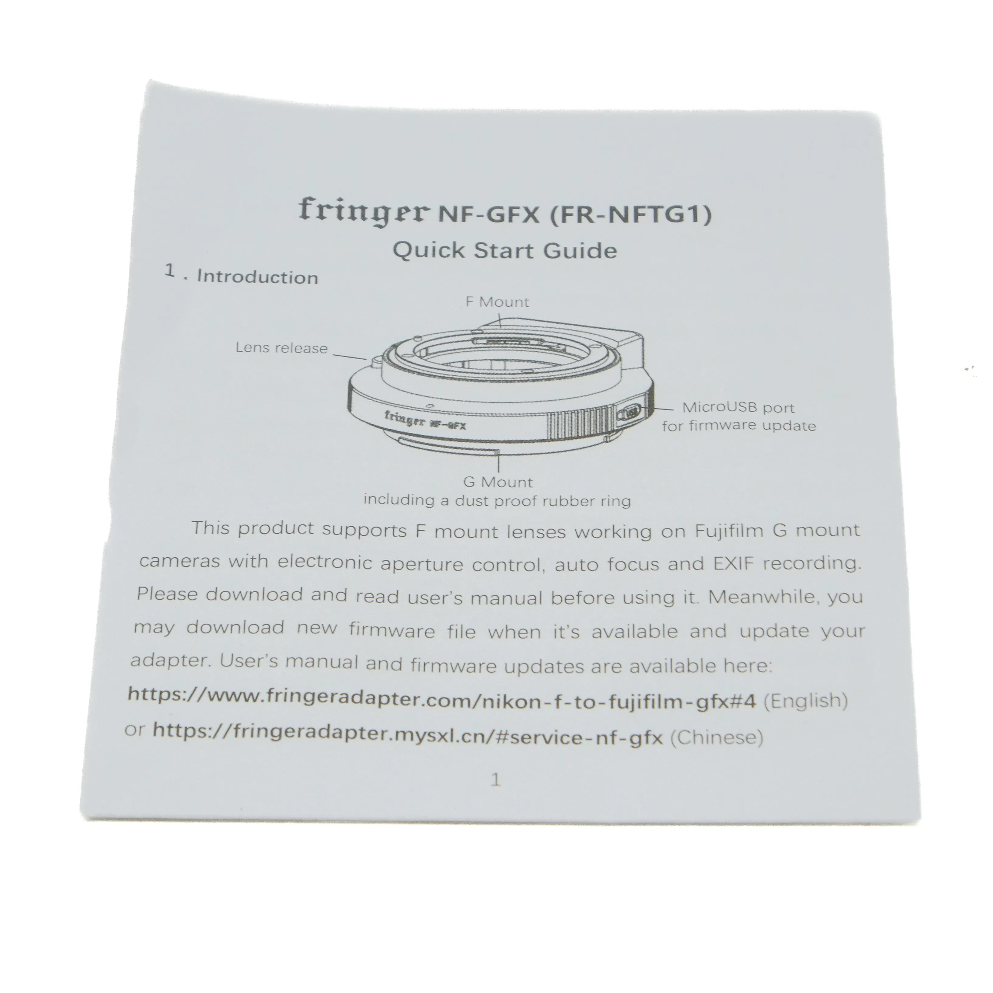 Used Fringer NF-GFX Smart Adaptor Nikon AF-S - Fujifilm GF Mount - manual