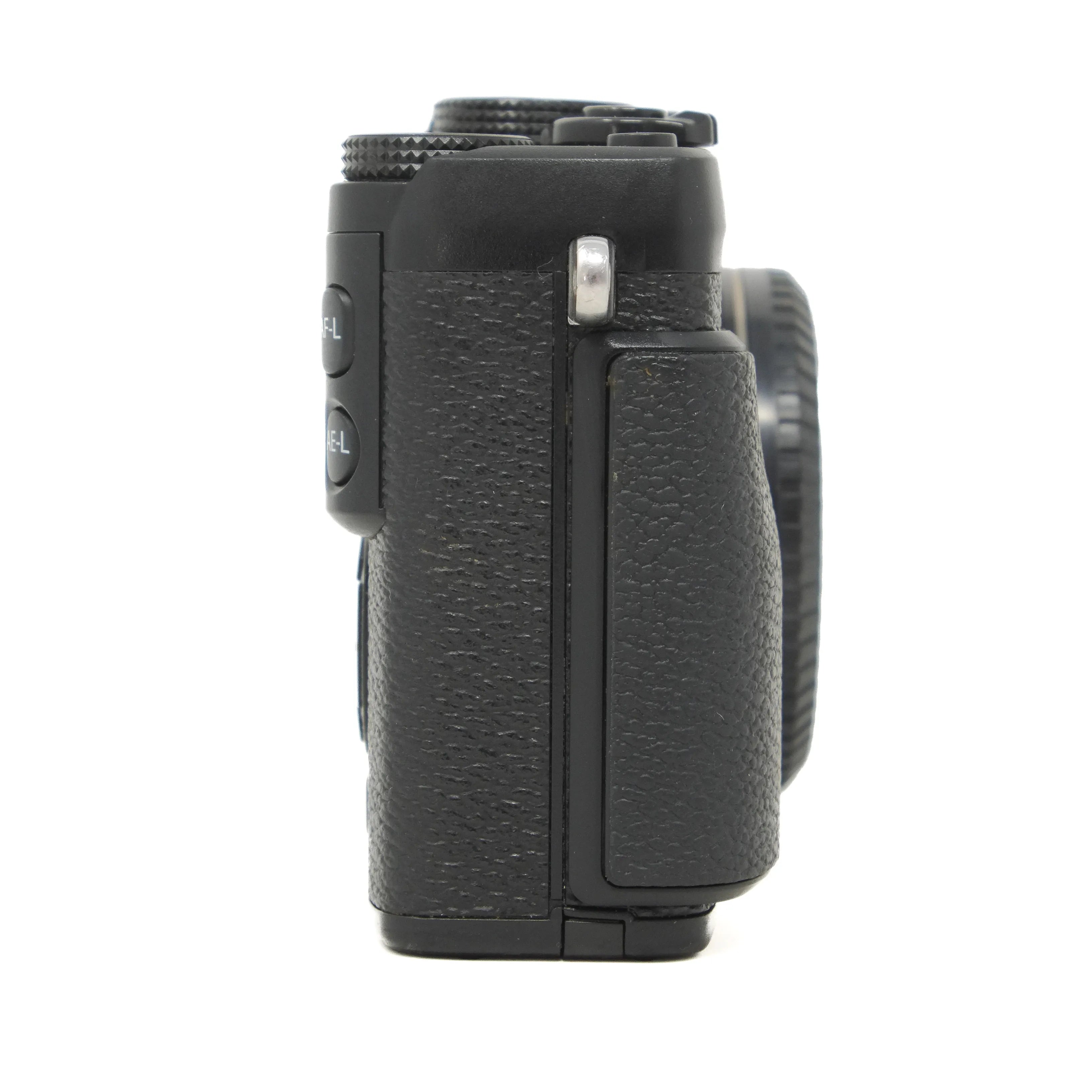 Black camera body on a white background