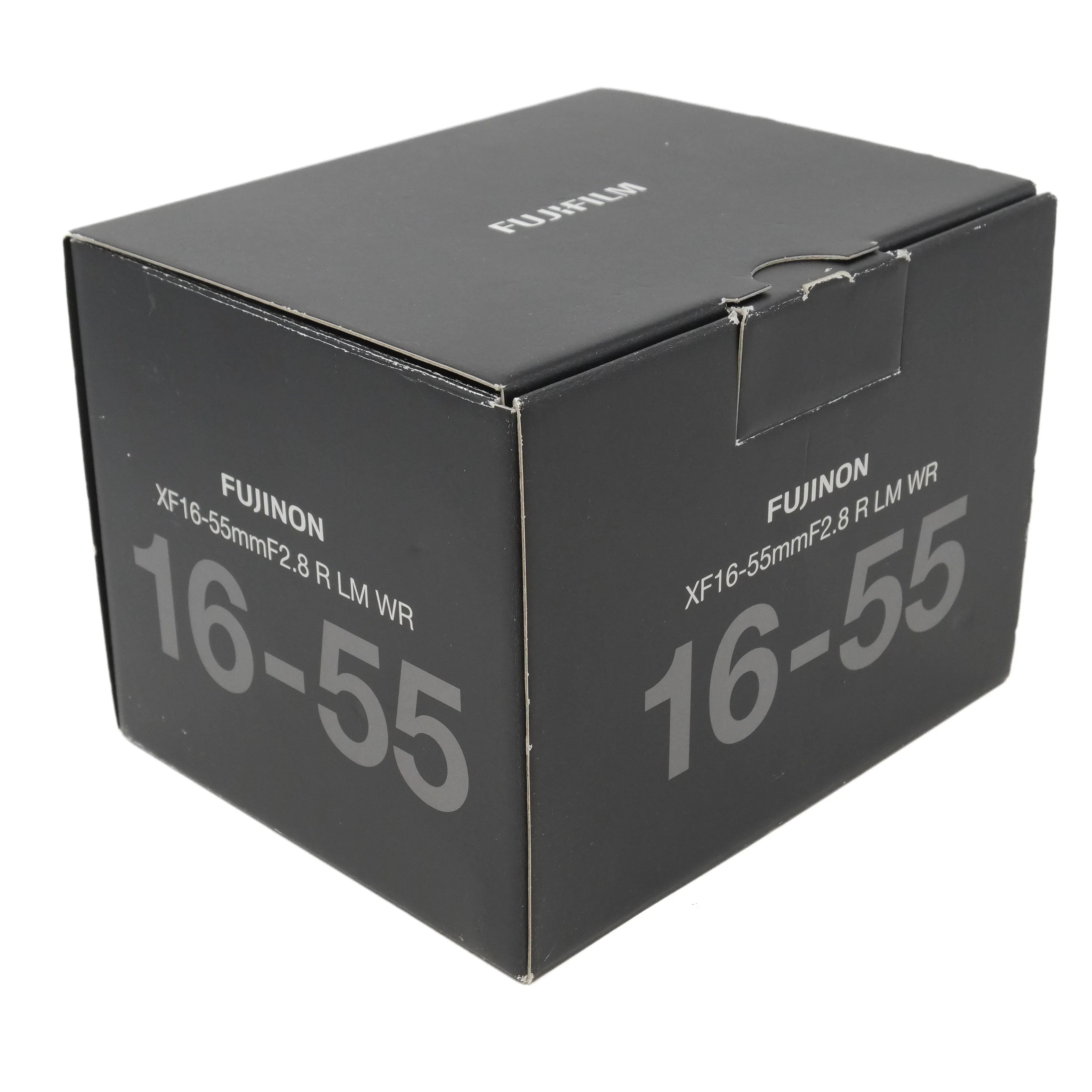 Black box packaging for a Fujifilm camera lens with model number XF16-55mmF2.8 R LM WR.