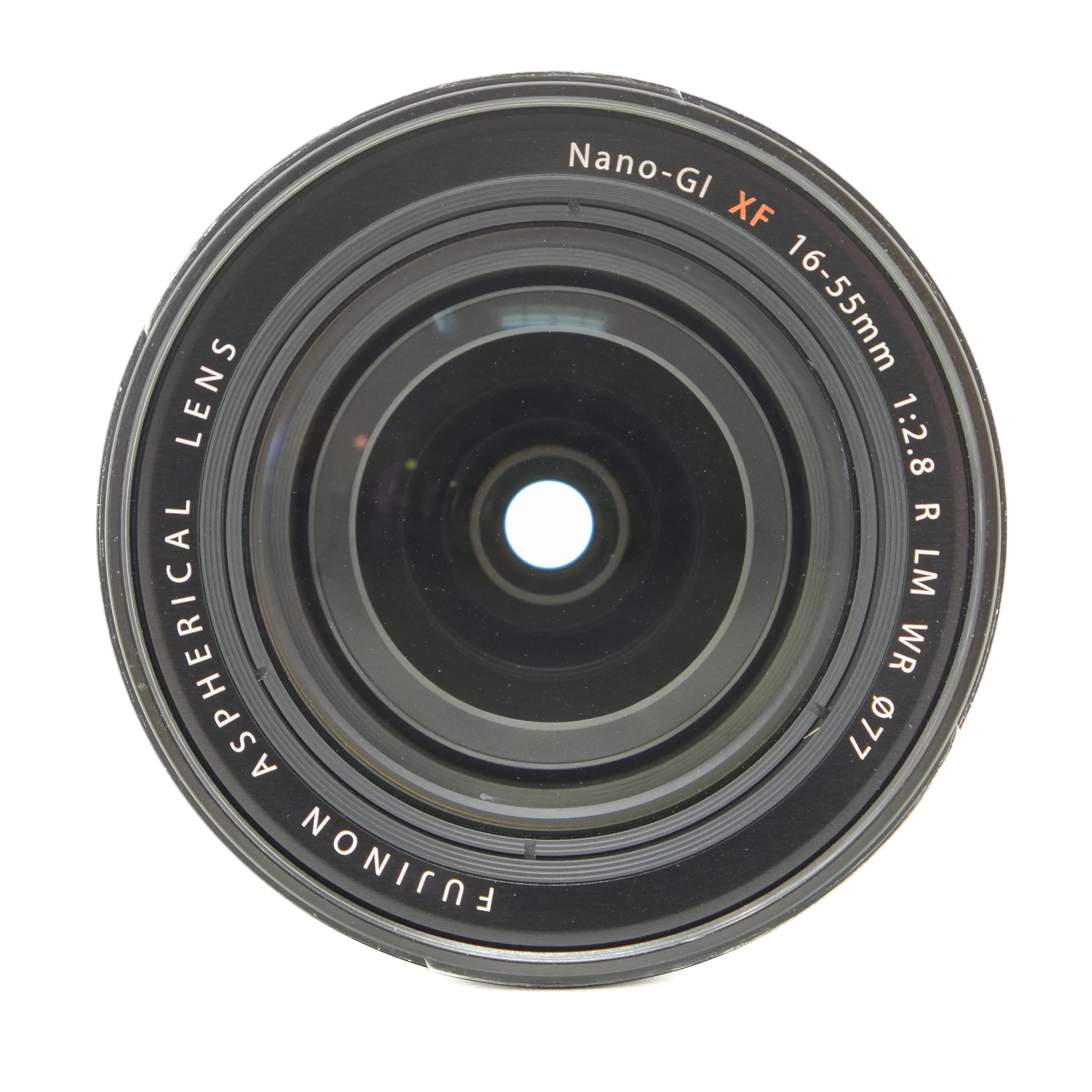 Camera lens with technical specifications on a white background