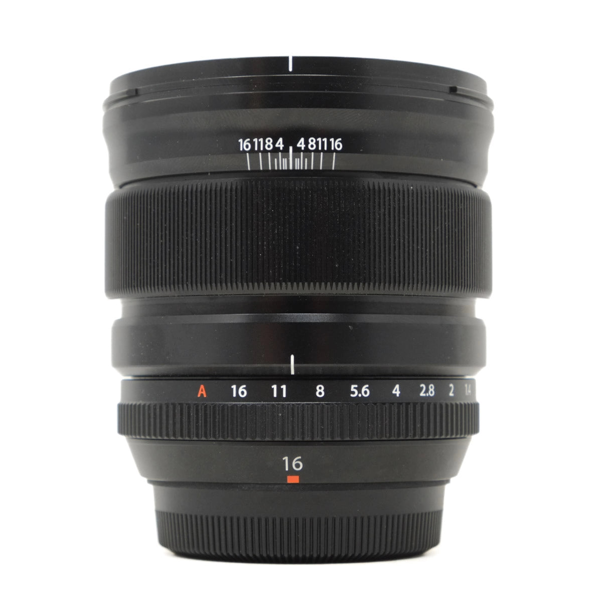Black camera lens with focus and aperture markings on a white background
