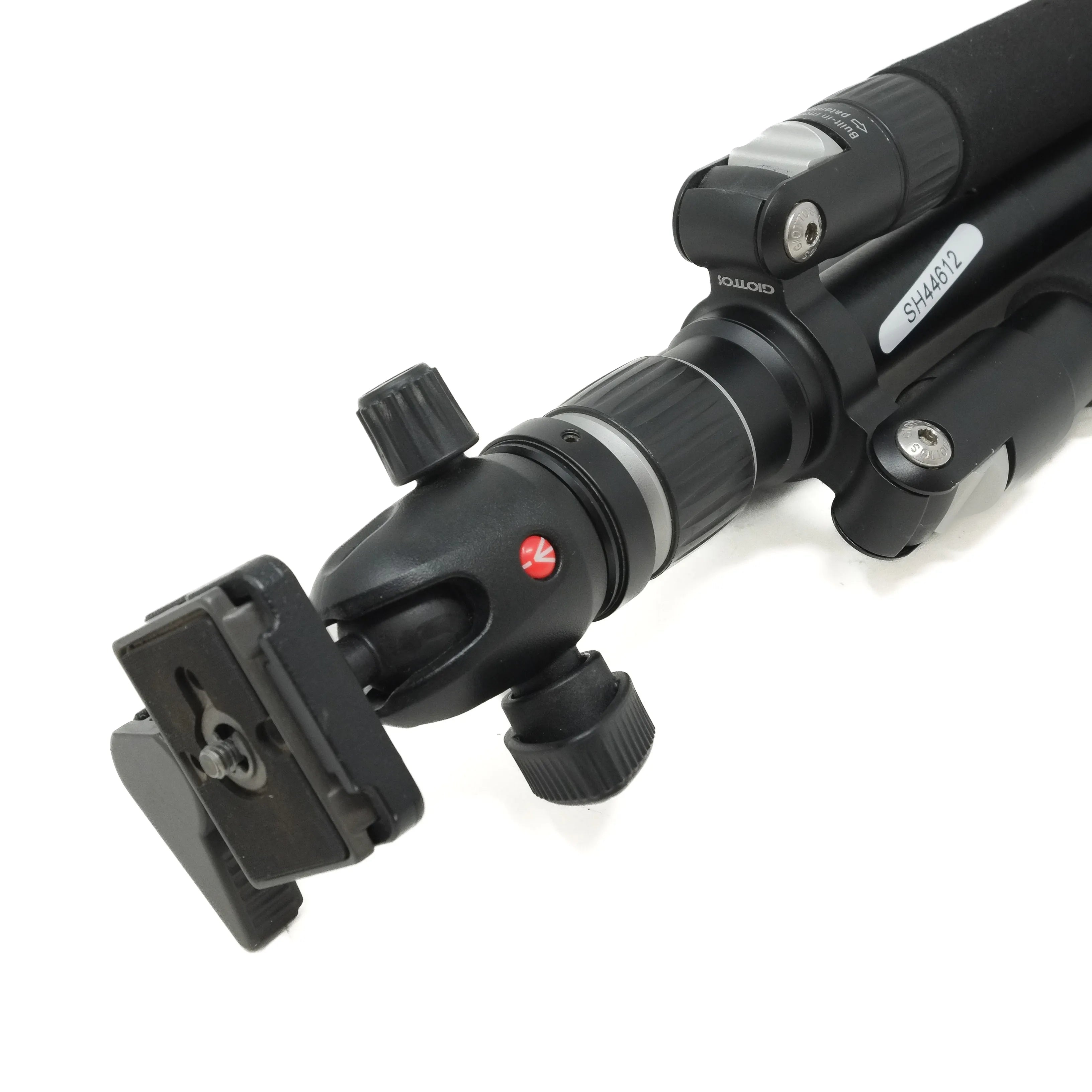 Black camera tripod with adjustable head on a white background