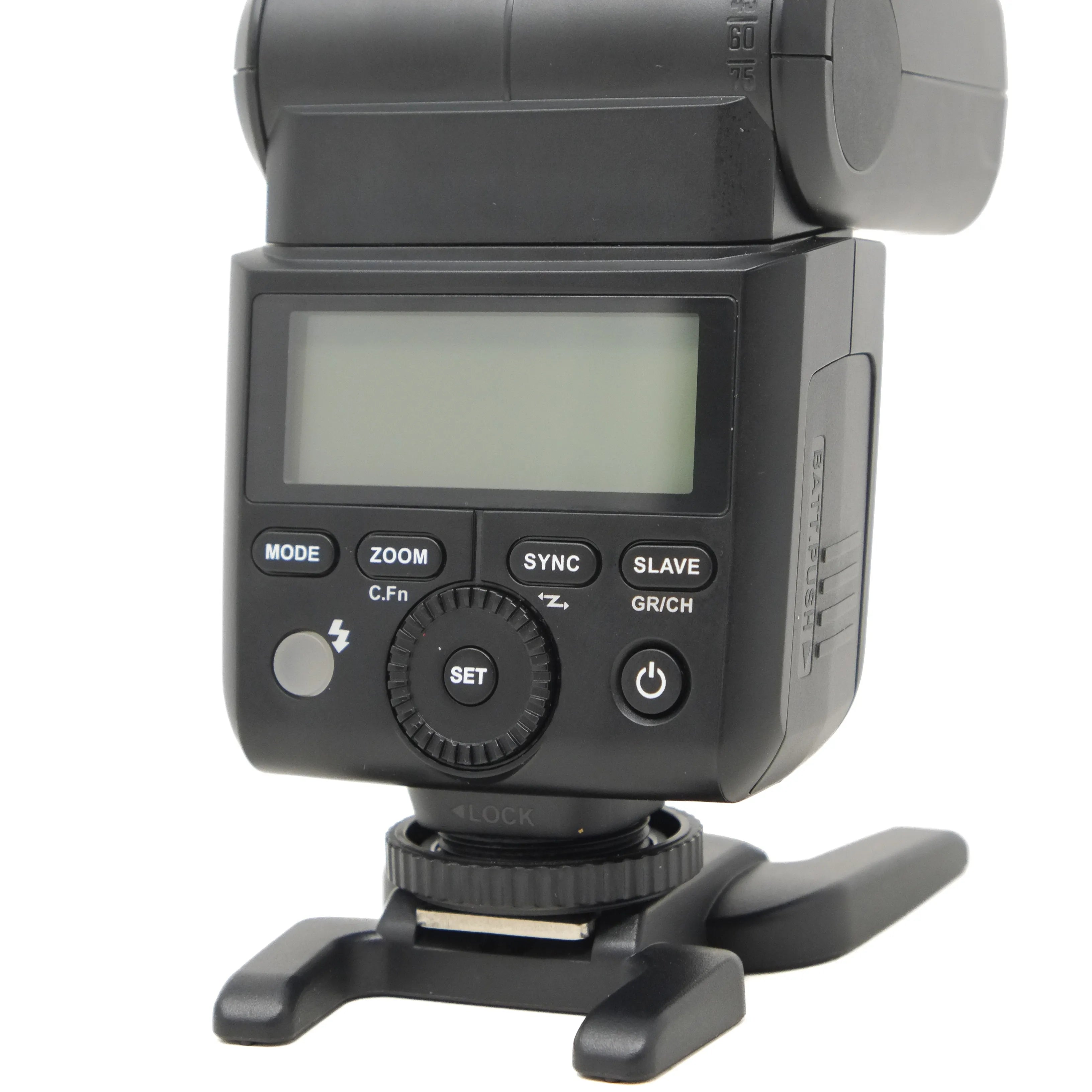Black camera flash with digital display on a white background