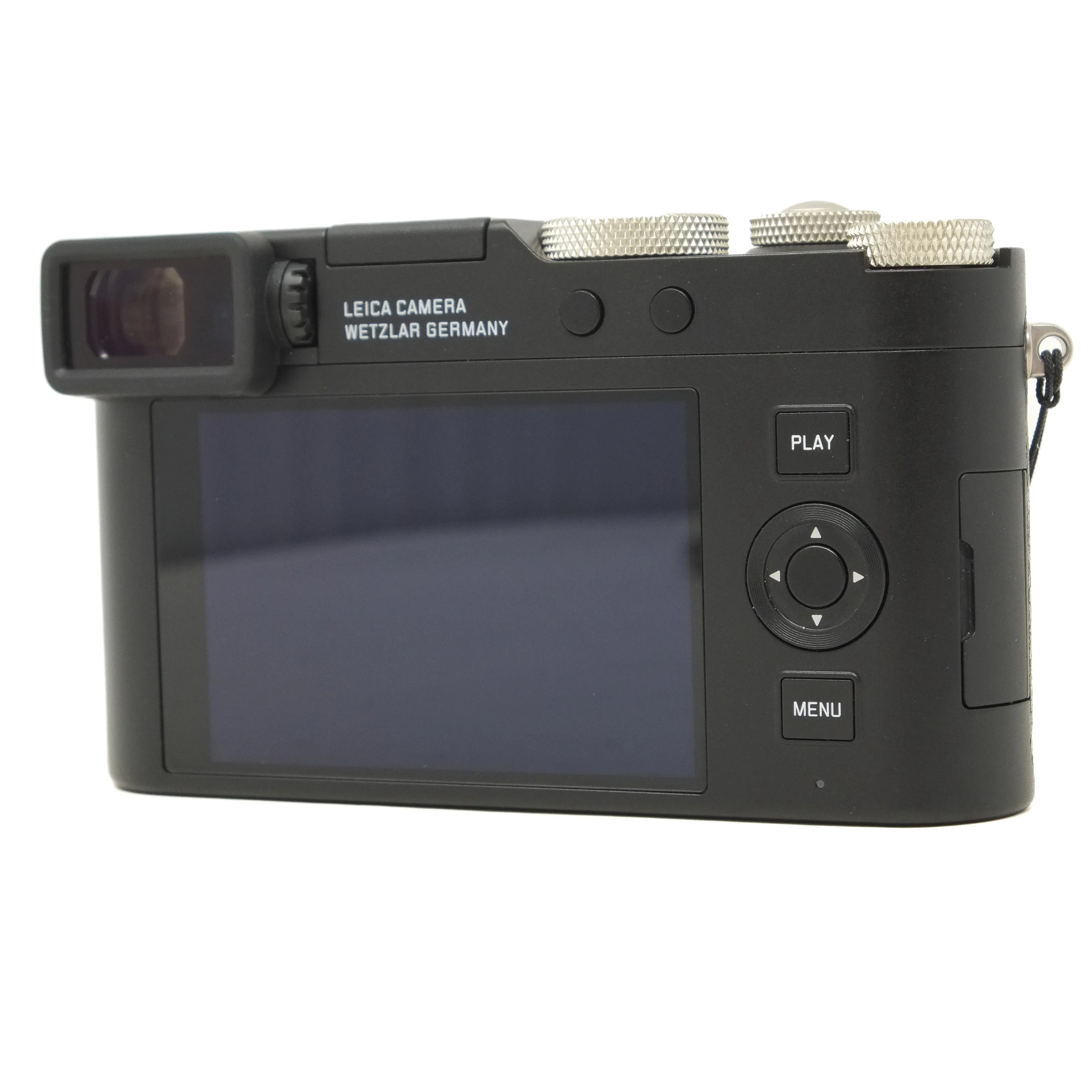 Black Leica camera with screen and control buttons on a white background