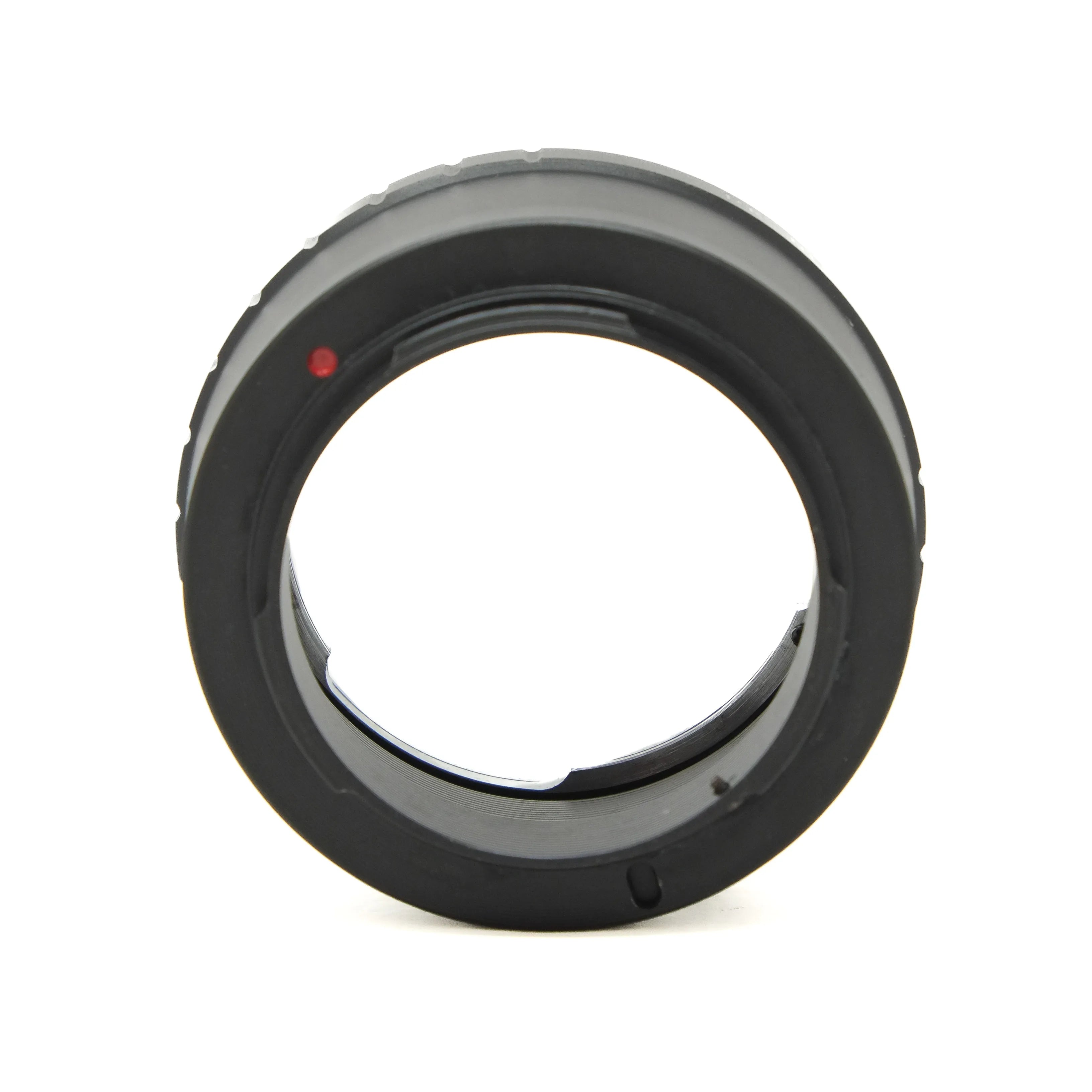 Black camera lens mount adapter on a white background