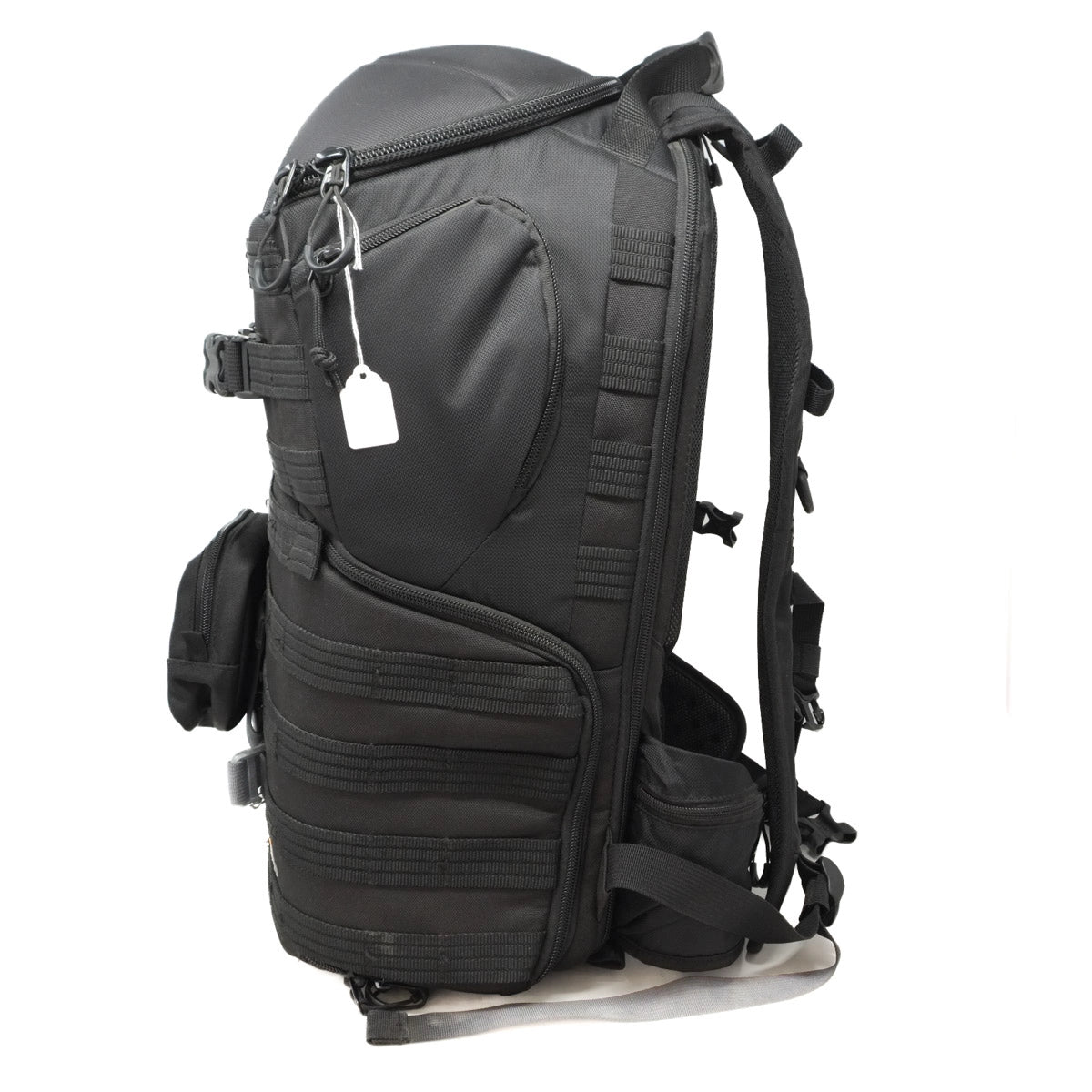 Black tactical backpack on a white background