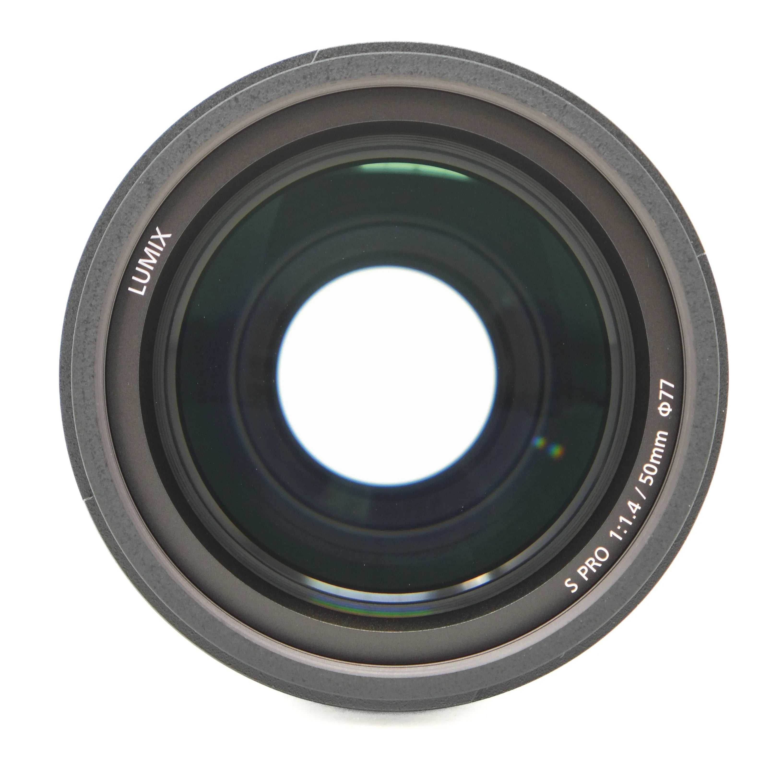 Camera lens with 'LUMIX' branding on a white background