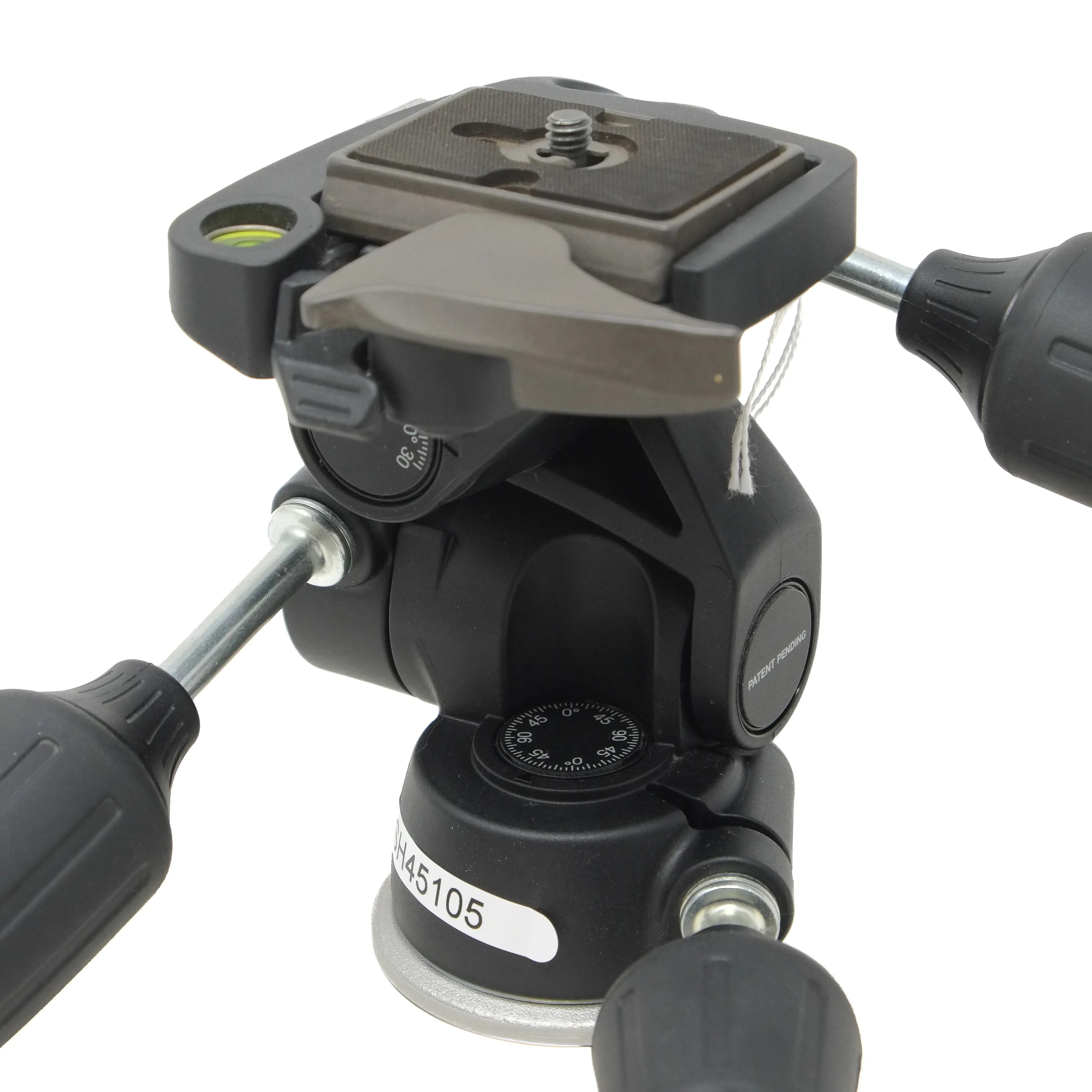 Camera tripod head with adjustable controls on a white background