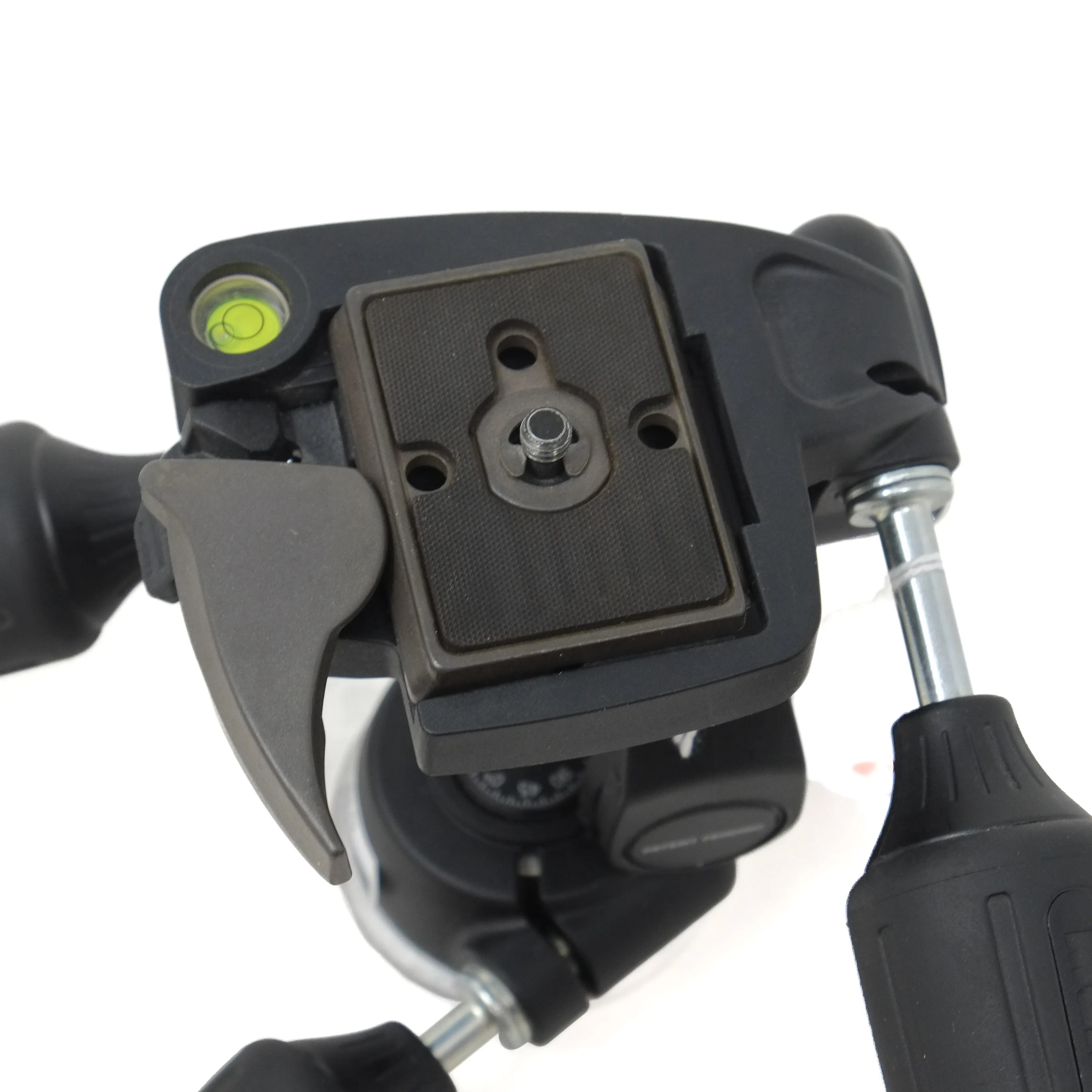 Camera tripod head with adjustable legs on a white background