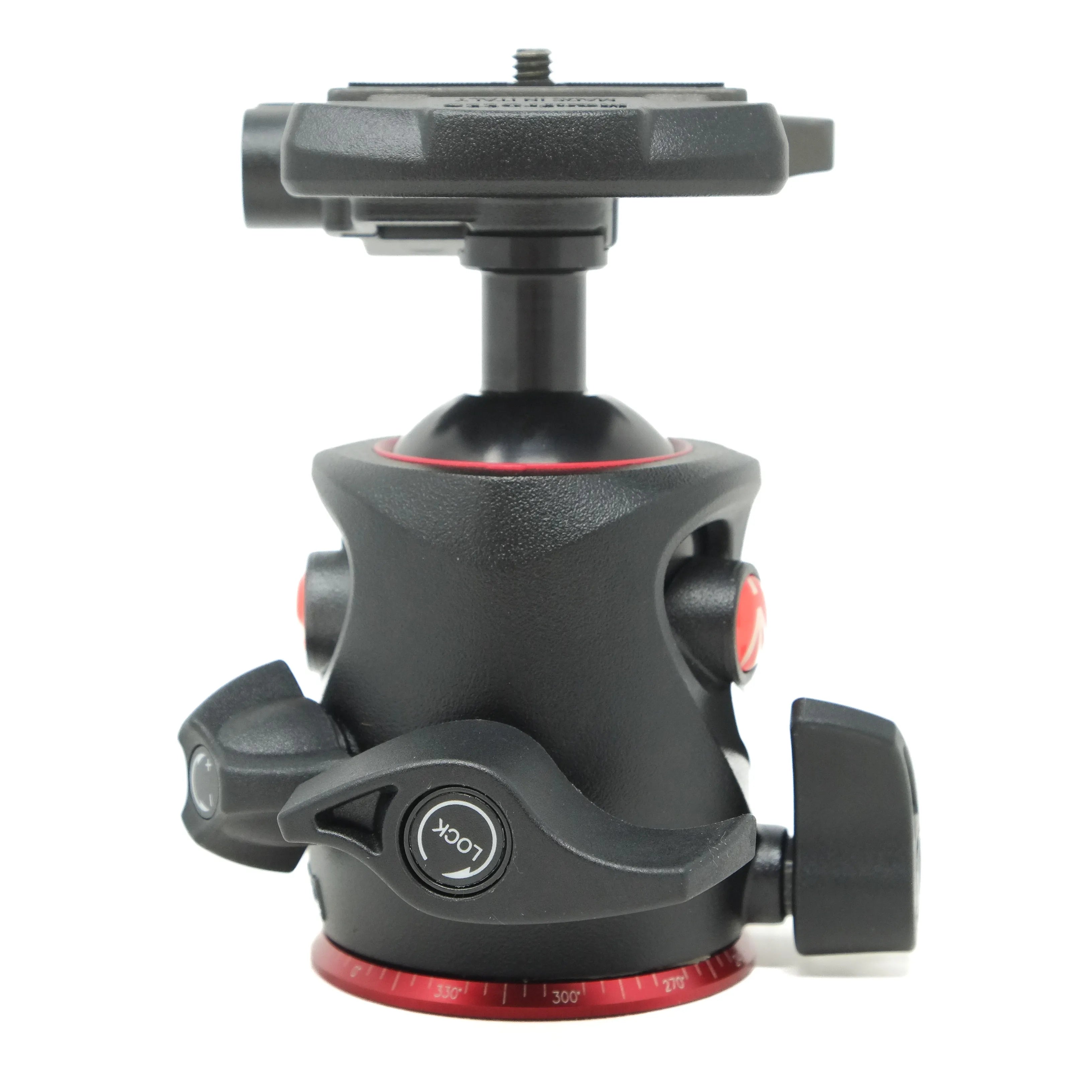 Camera ball head with red accents on a white background