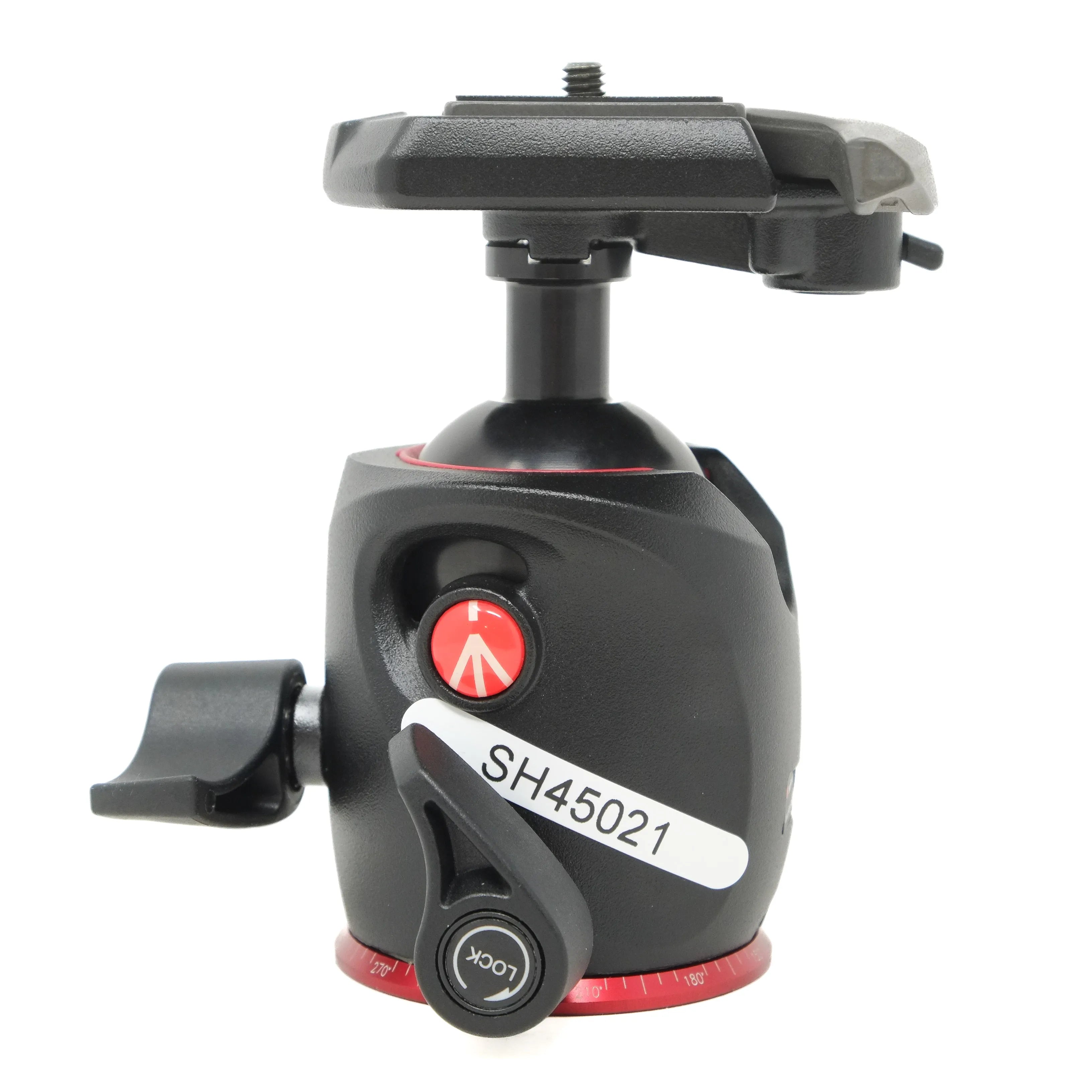 Camera ball head with red and black design on a white background