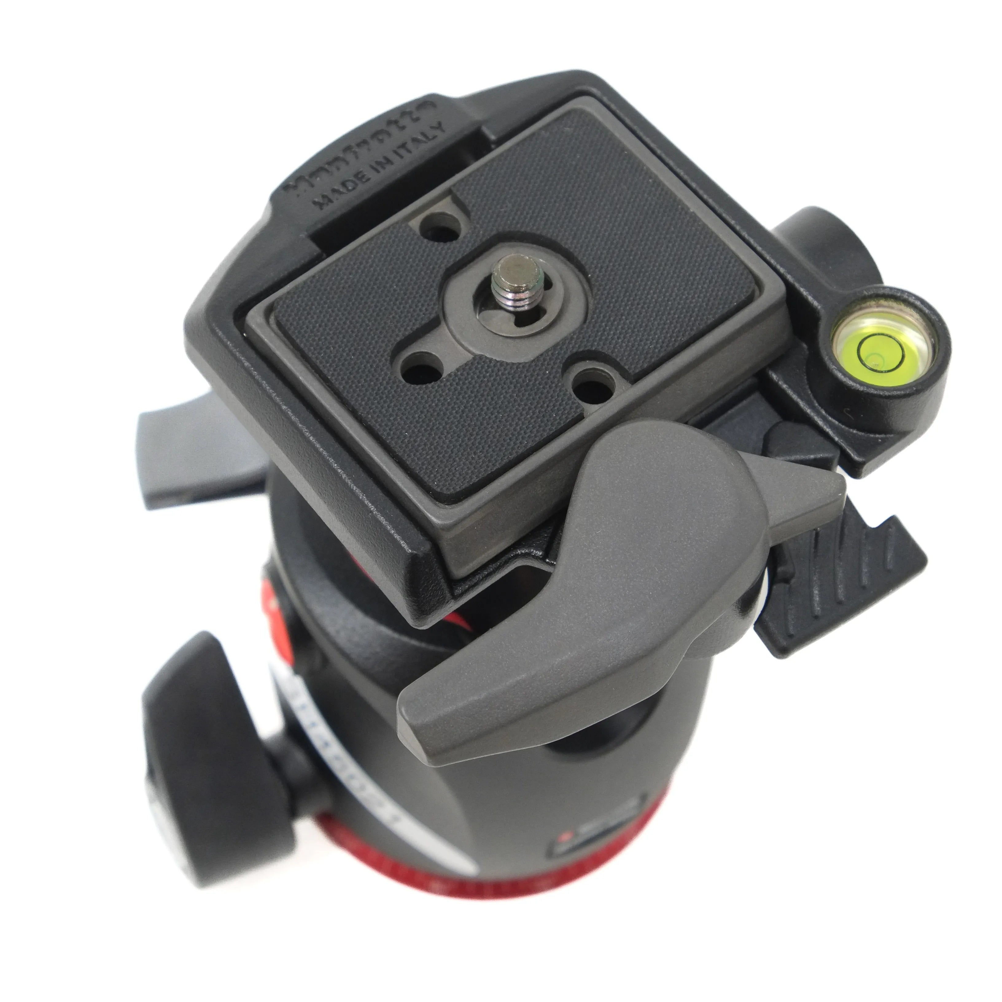 Camera tripod head with quick release plate on a white background