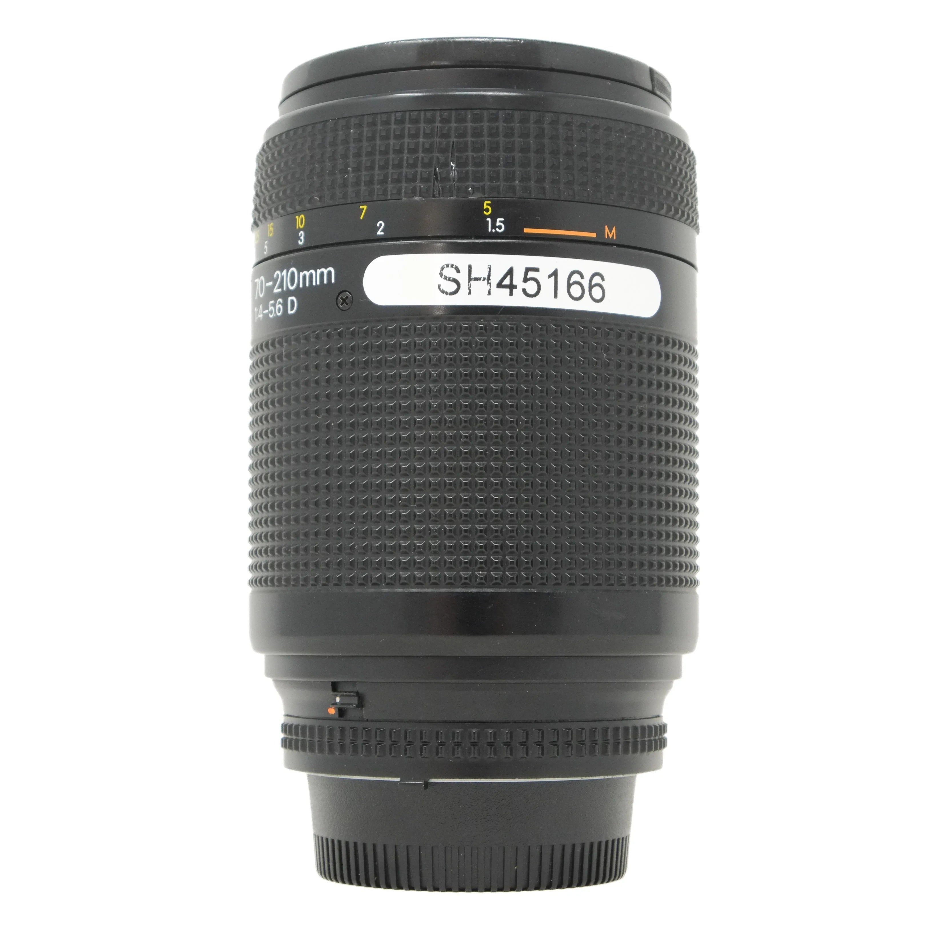 Camera lens with zoom ring and text on a white background