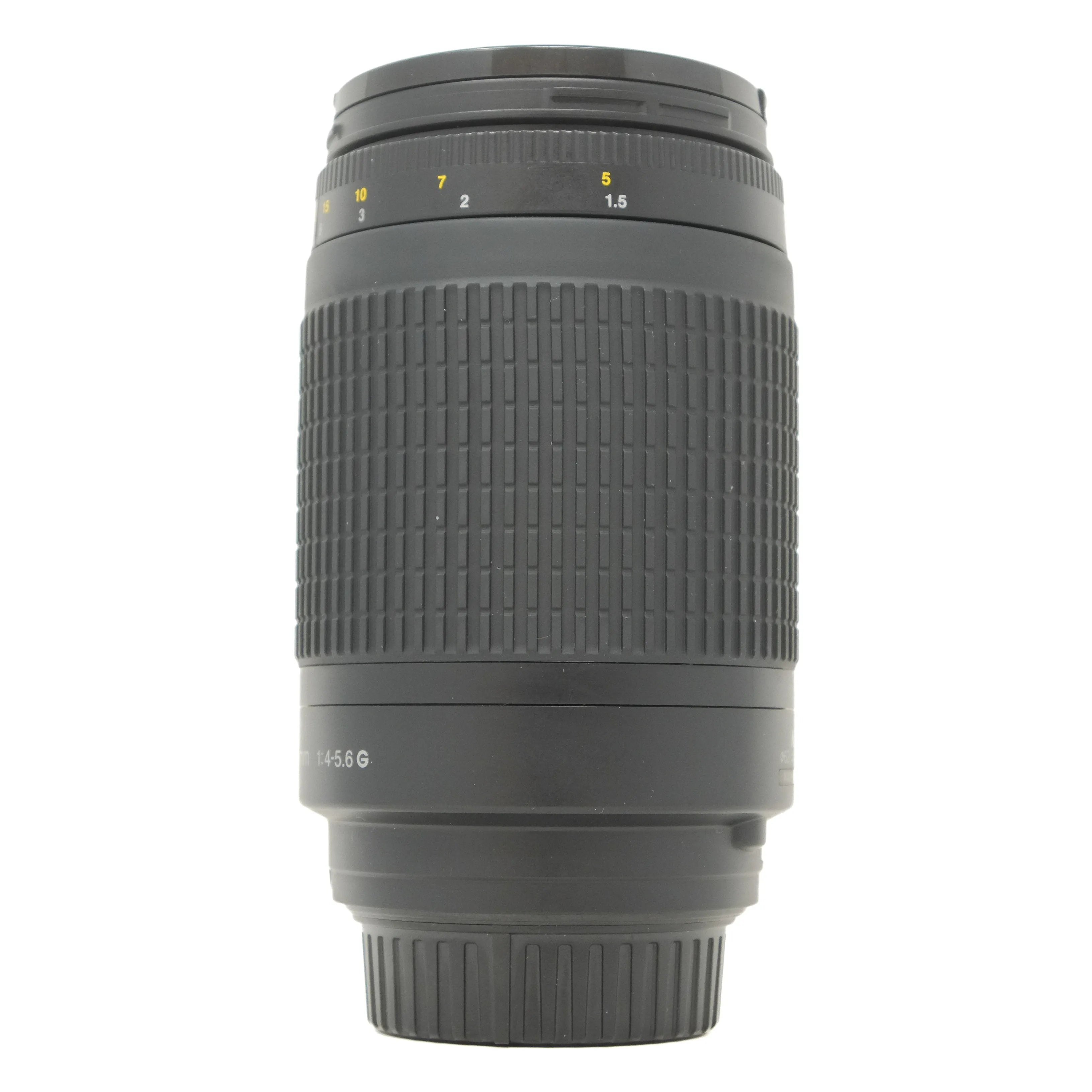 Camera lens with focus scale on a white background