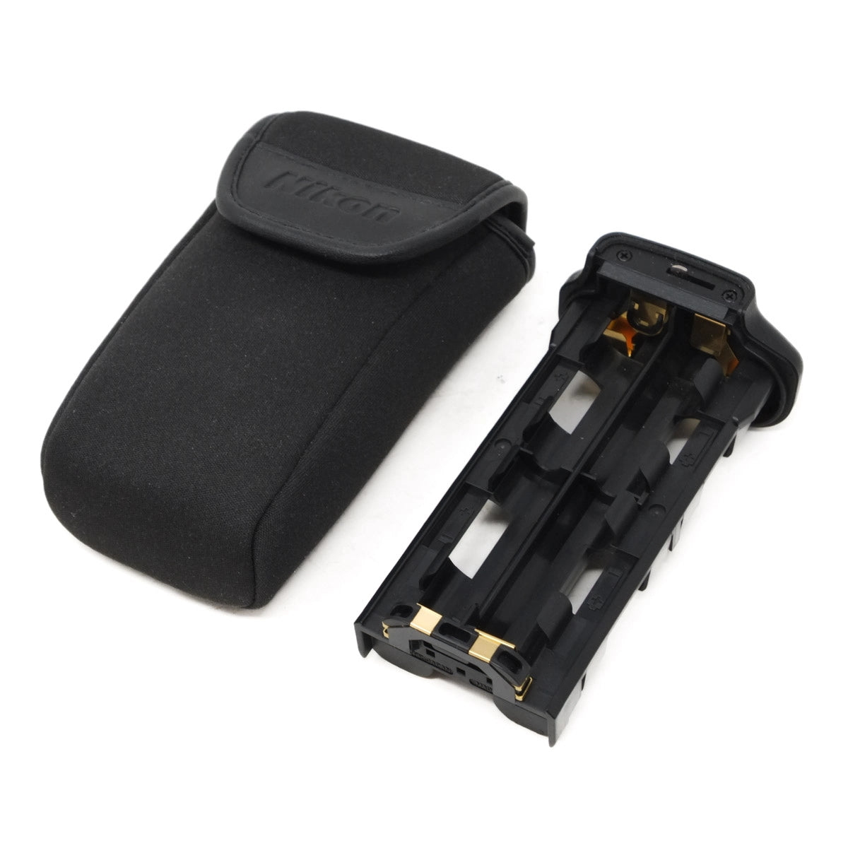 Black carrying case with a black metal component on a white background