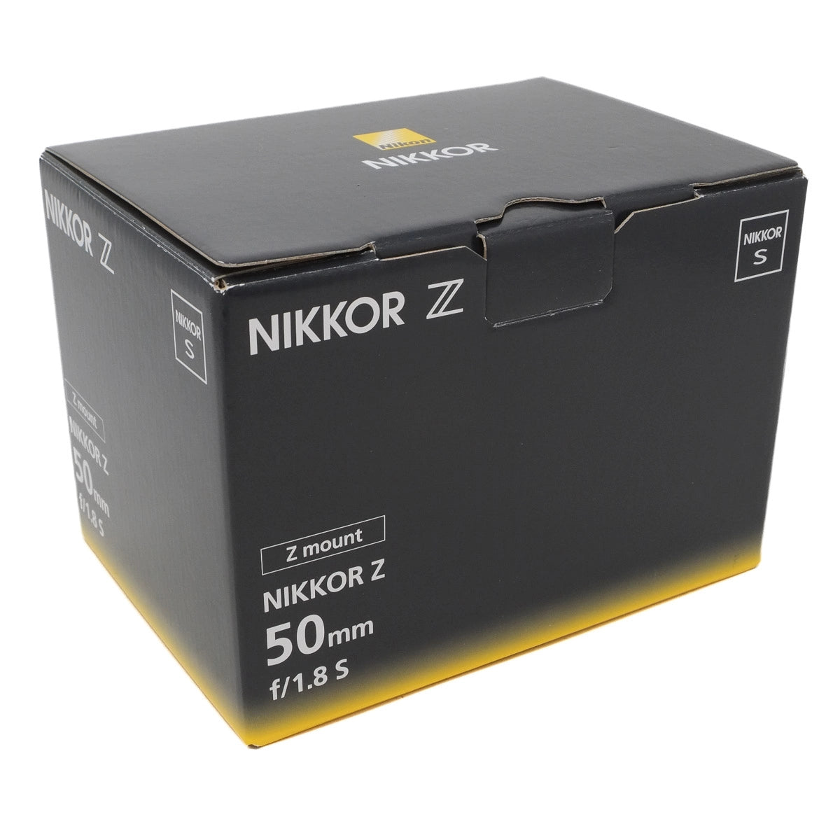 Nikkor Z camera lens packaging box on a white background