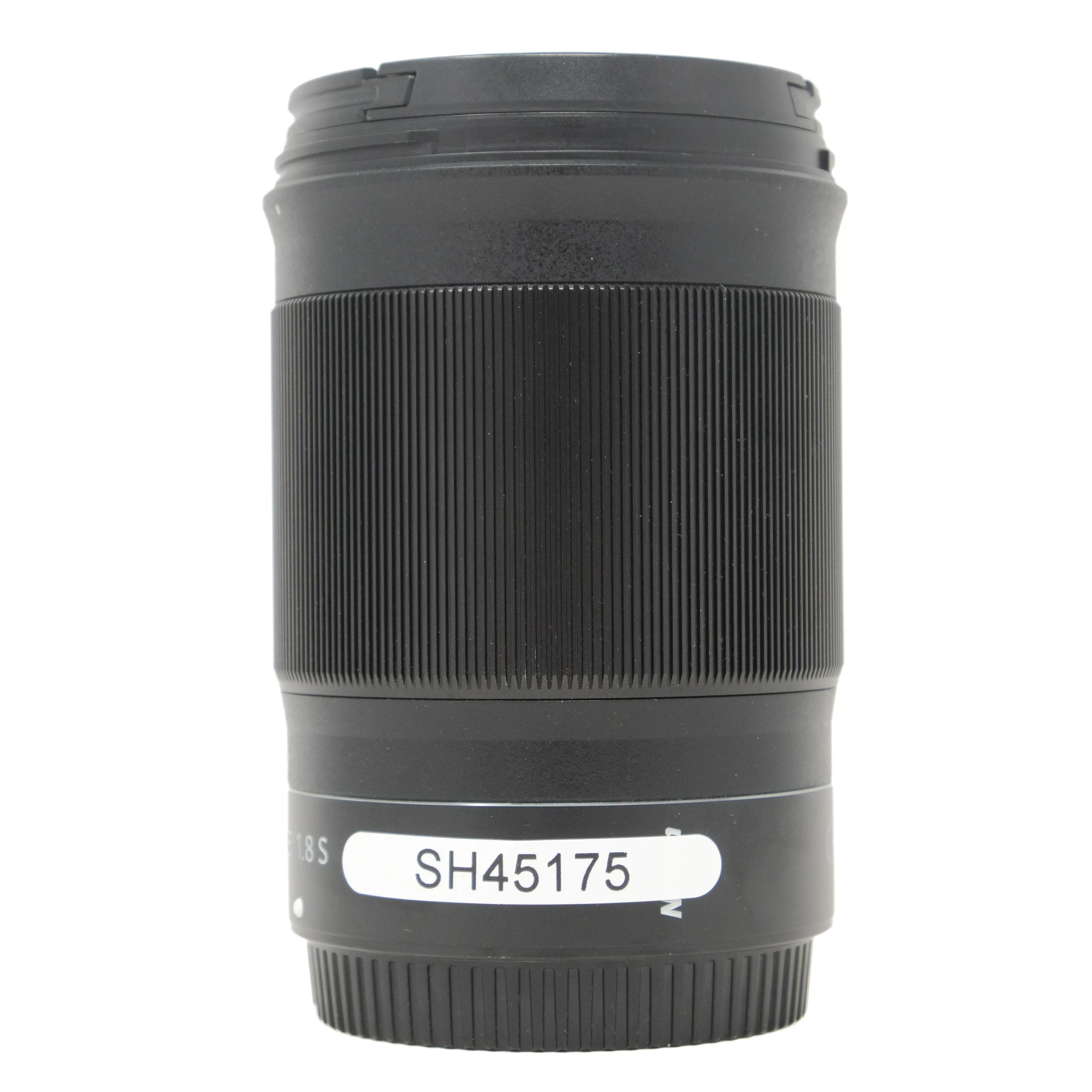 Black camera lens with a visible model number on a white background