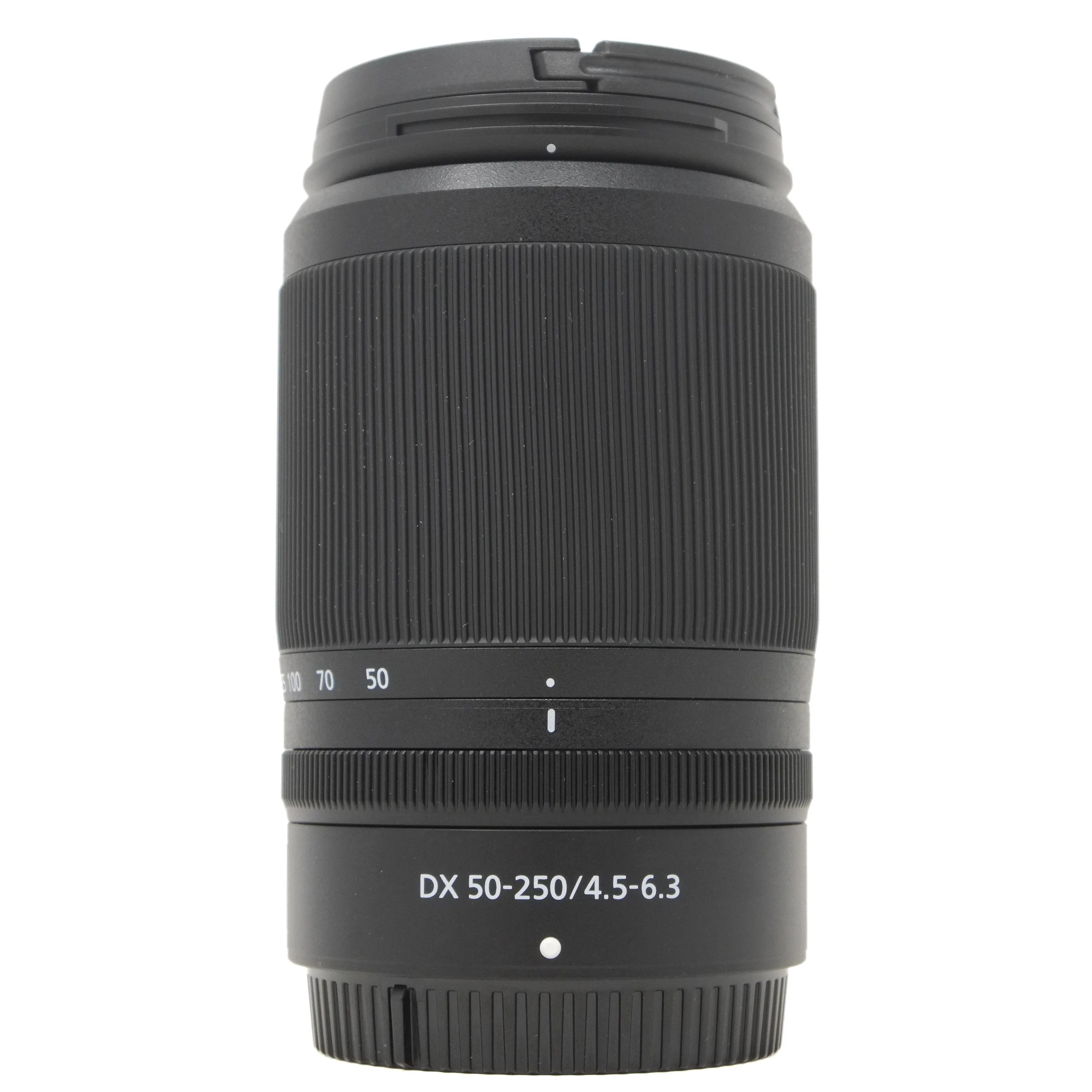 Black camera lens with specifications on a white background
