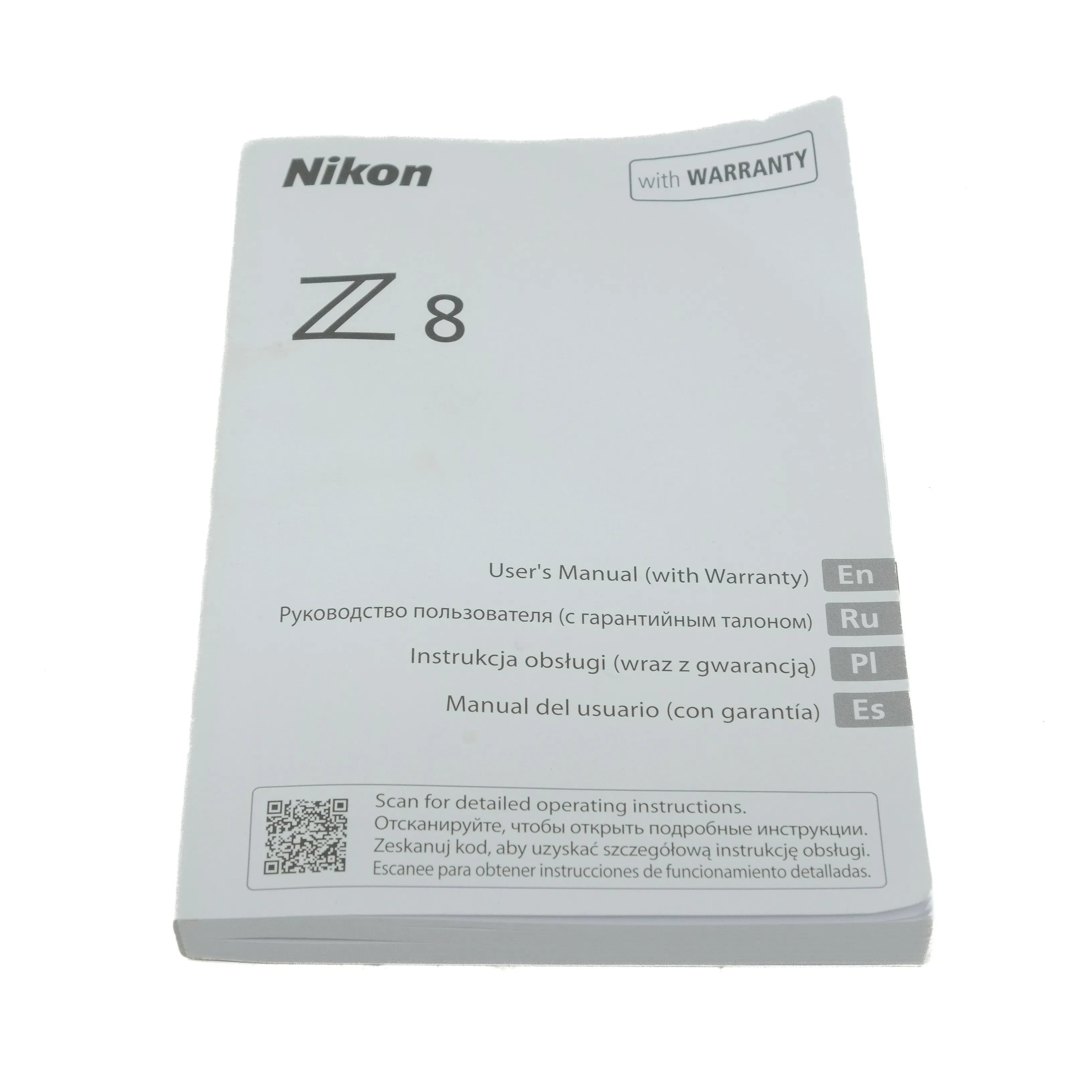Nikon Z8 user manual with warranty on a white background