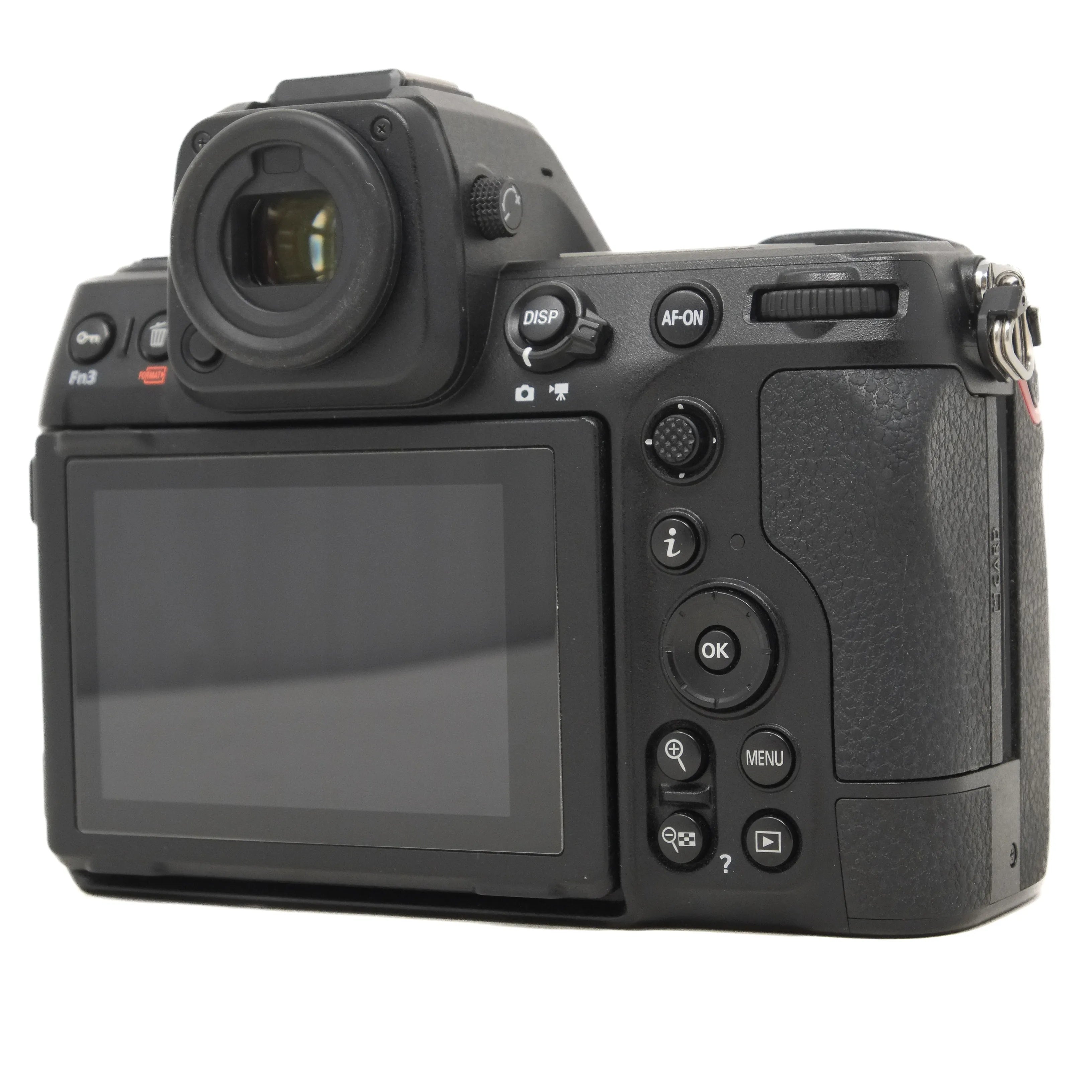 Back view of a black camera on a white background