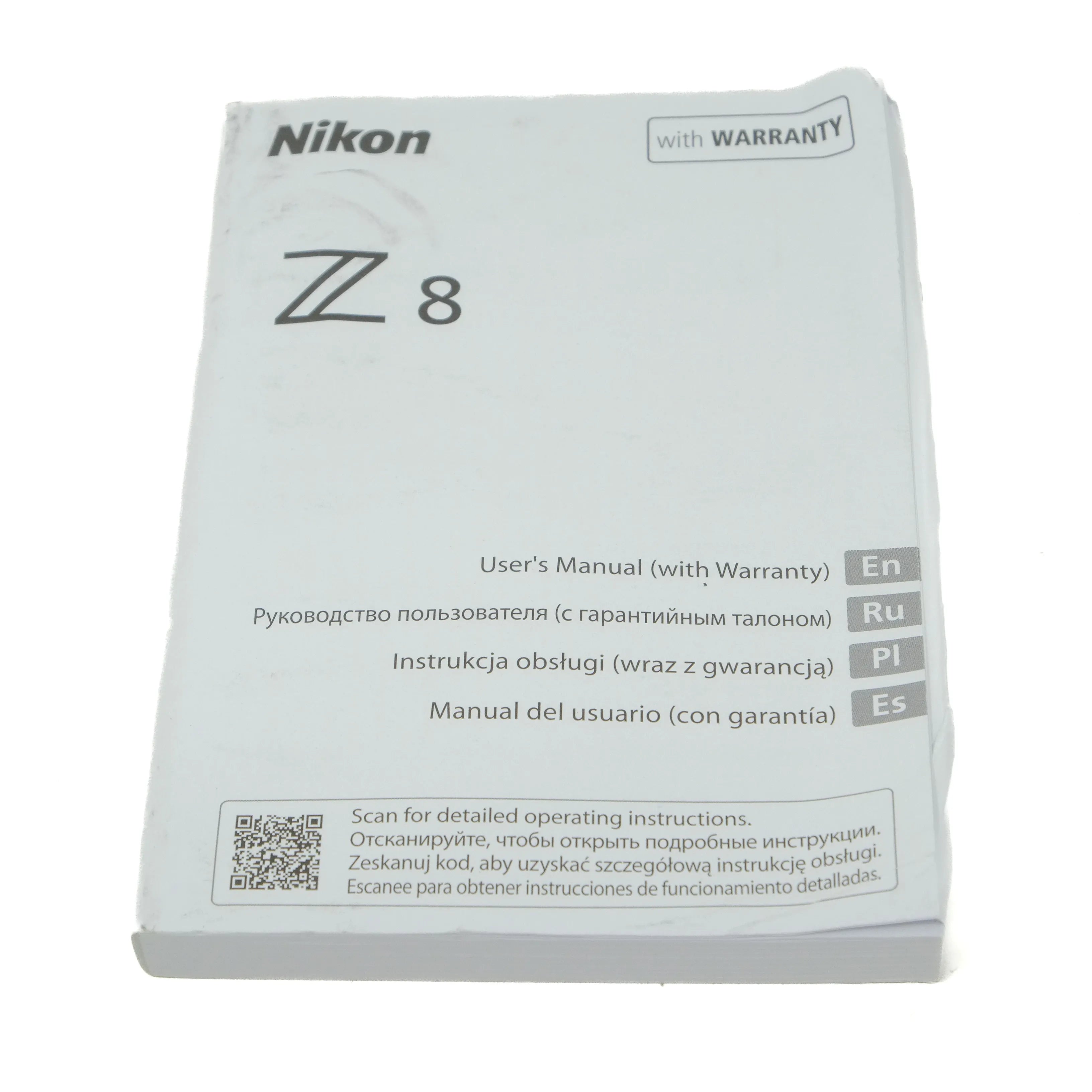 Nikon Z8 user manual packaging with multiple language options on a white background