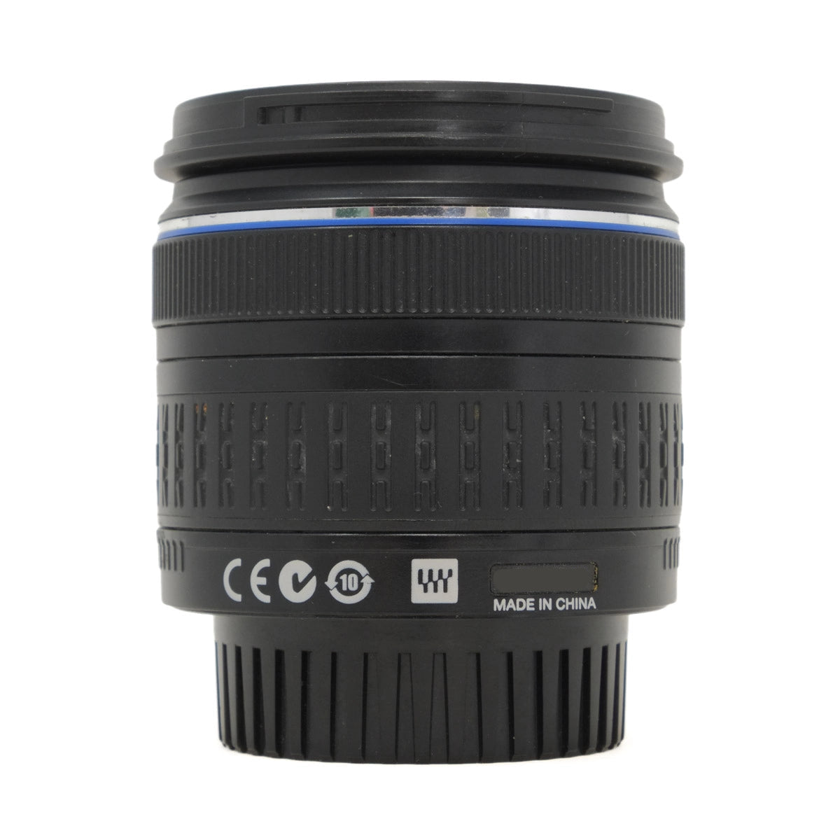 Camera lens with branding and certification logos on a white background