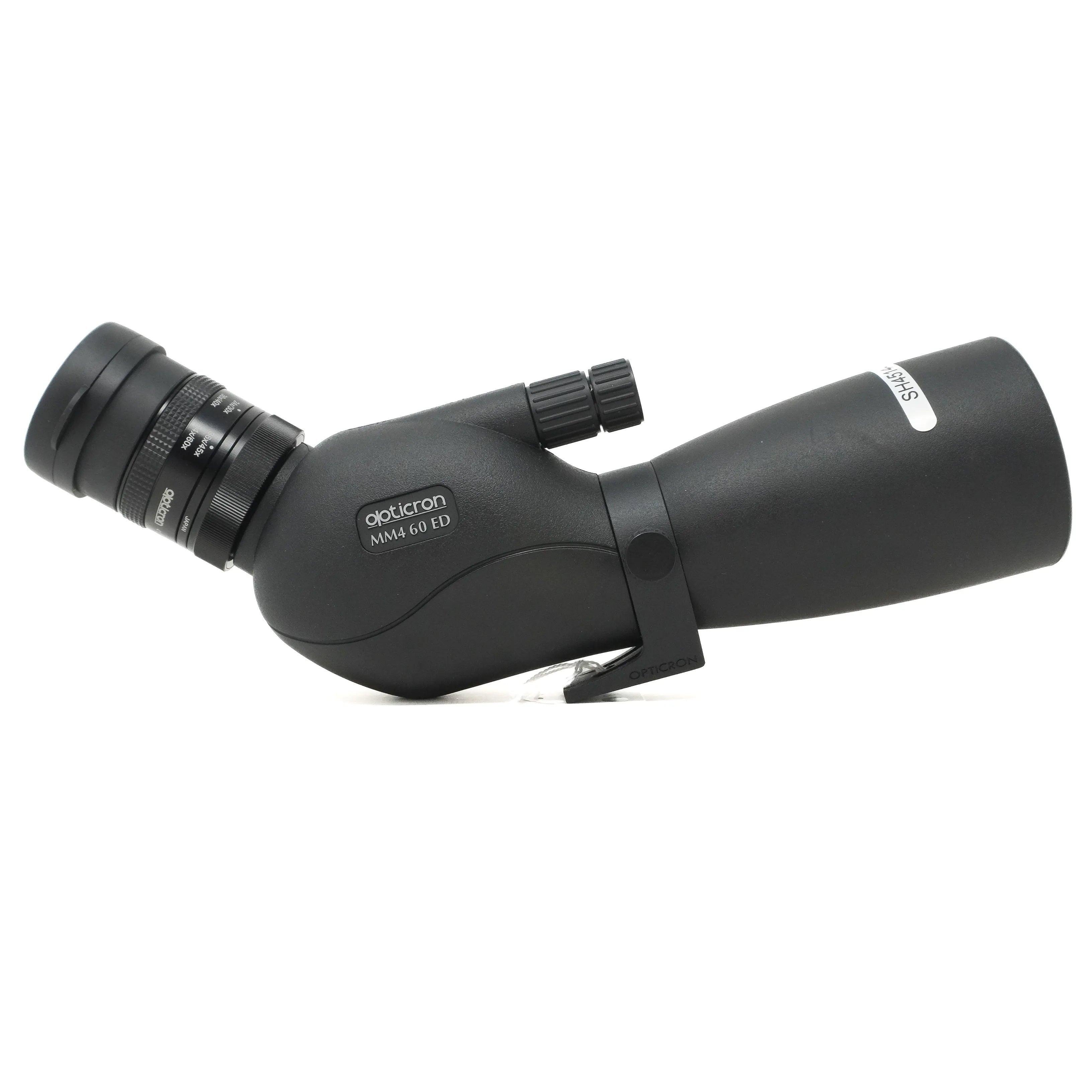 Black spotting scope with Opticron branding on a white background