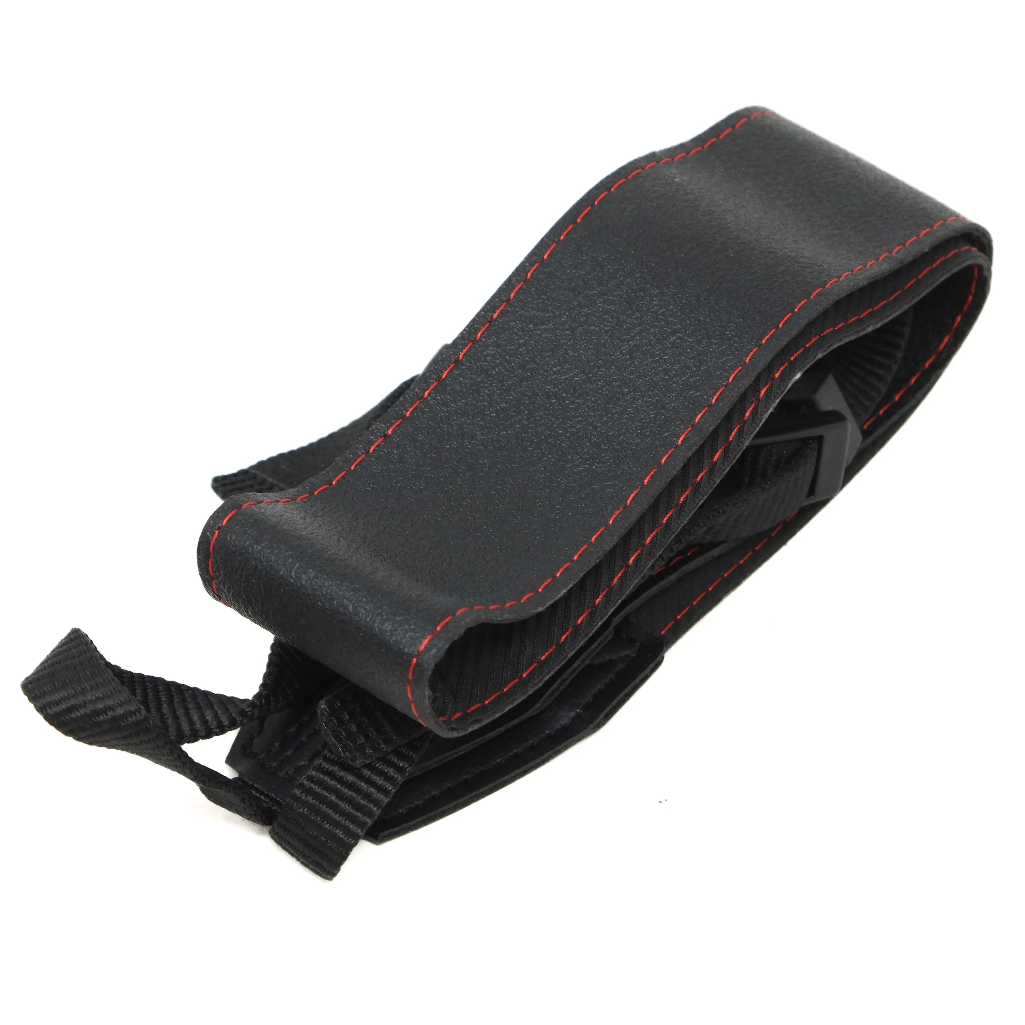 Black strap with red stitching on a white background