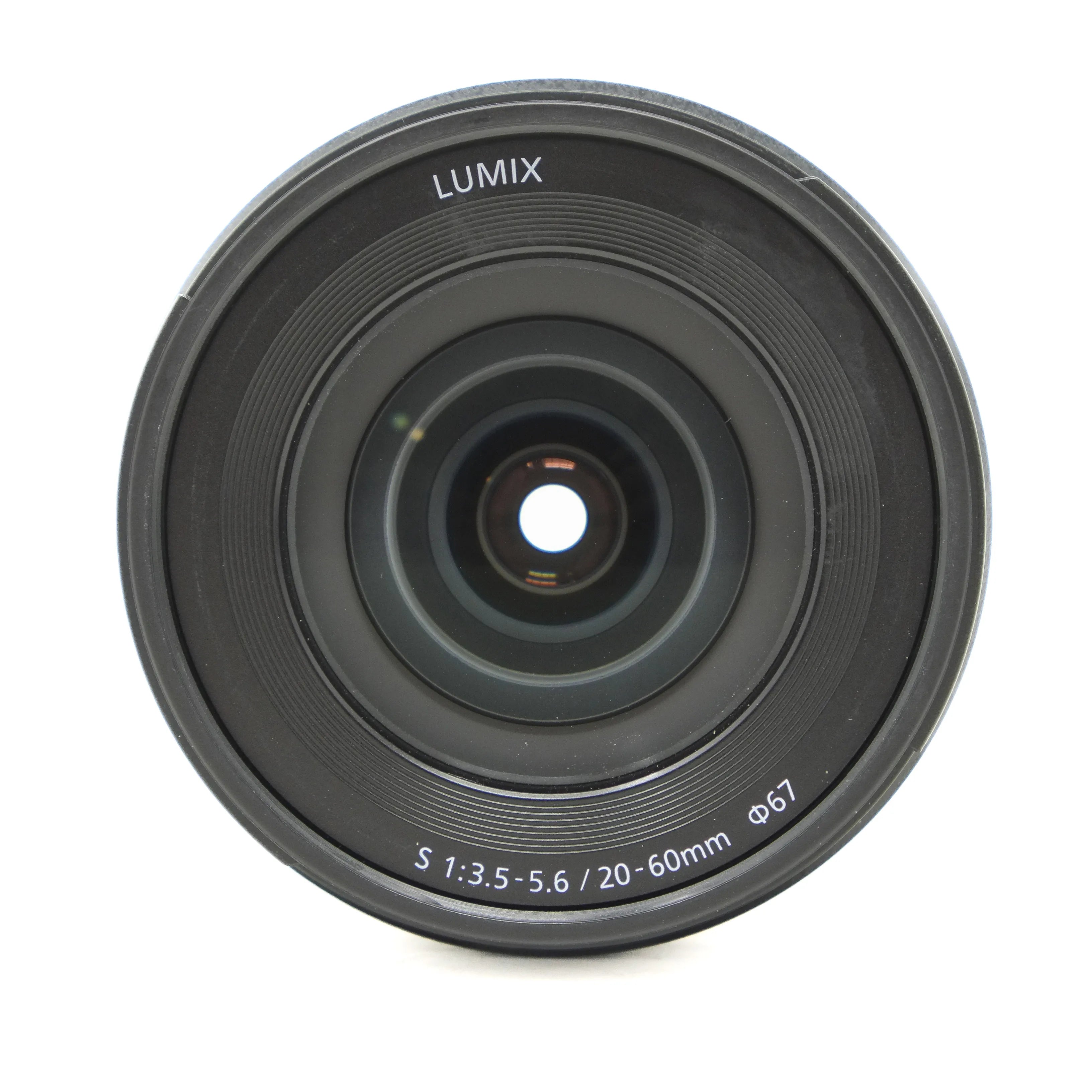 Camera lens with 'LUMIX' branding on a white background