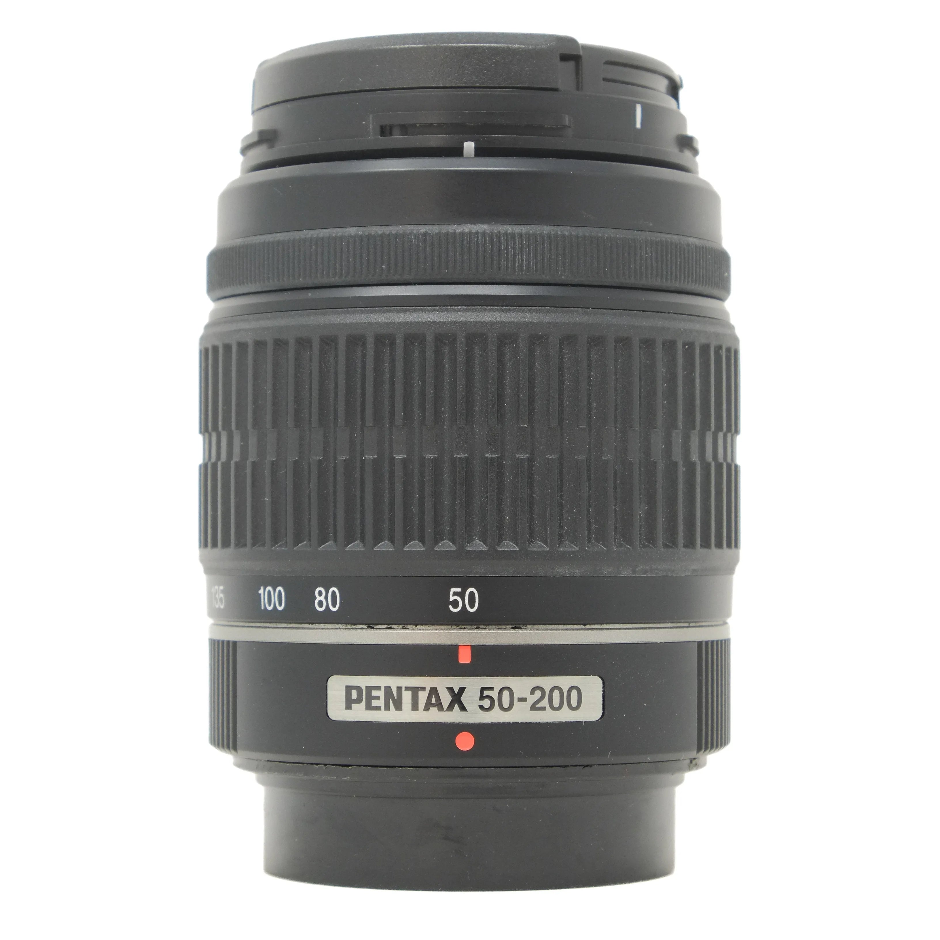 Pentax camera lens with zoom scale on a white background