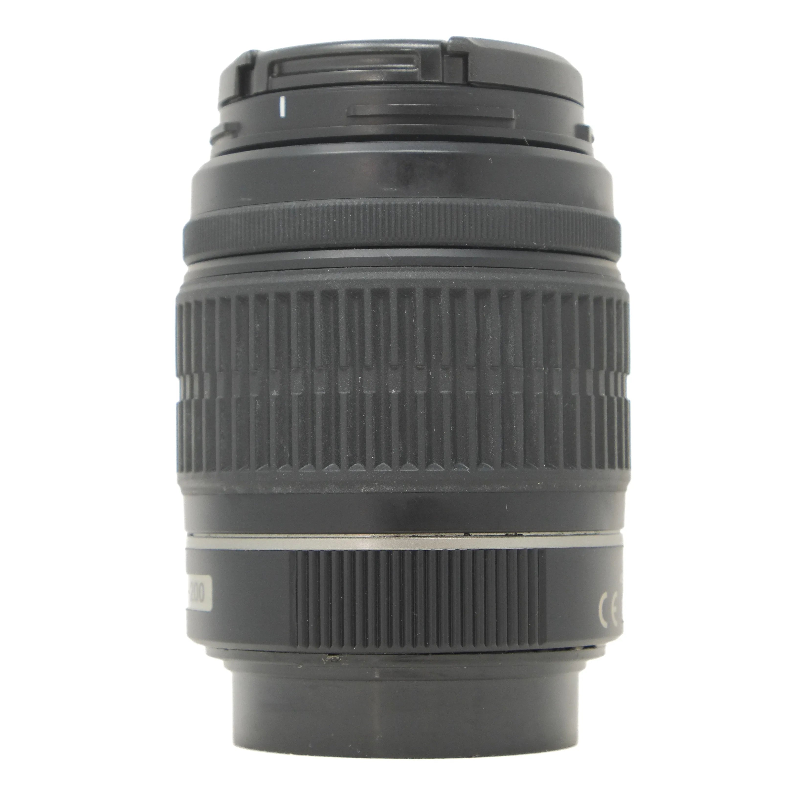 Black camera lens on a white background