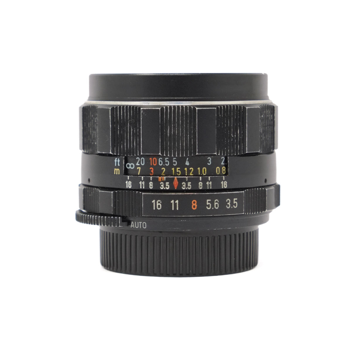 Camera lens with focus and aperture controls on a white background