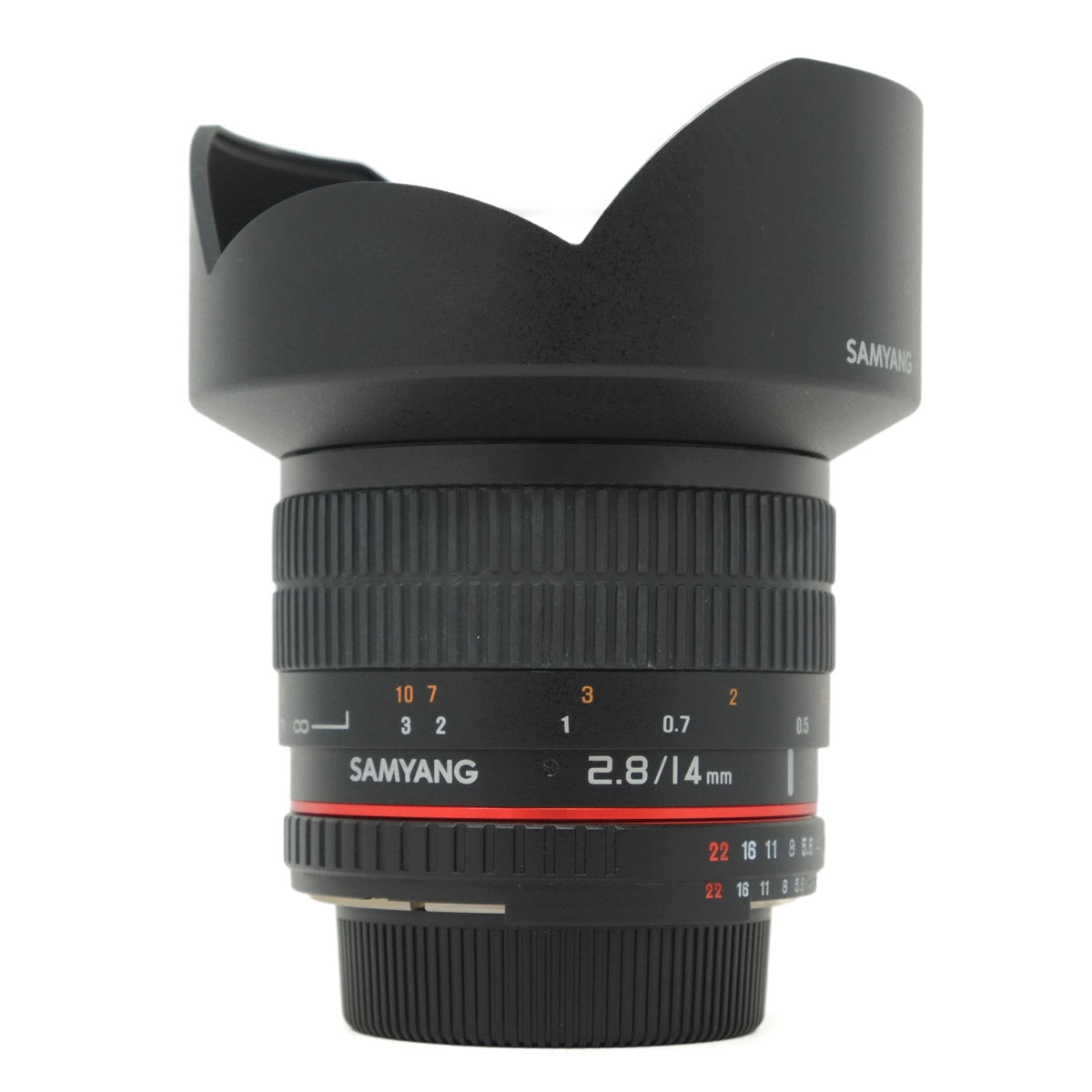 Used Samyang 14mm F2.8 ED AS IF UMC lens in Nikon F mount - front angle