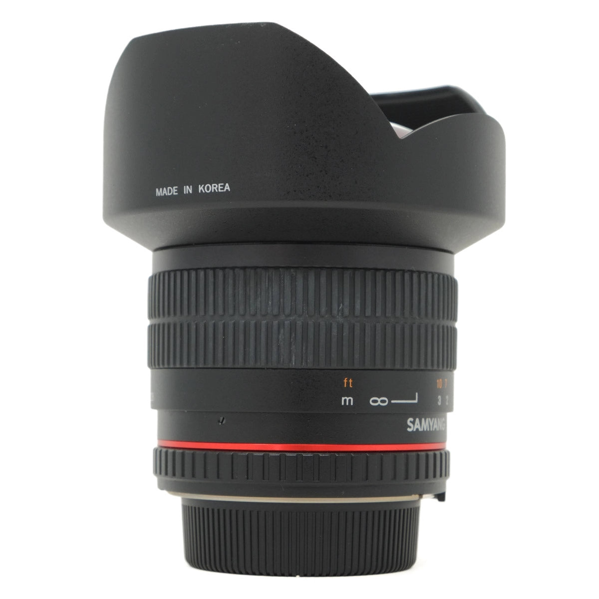 Used Samyang 14mm F2.8 ED AS IF UMC lens in Nikon F mount - side angle