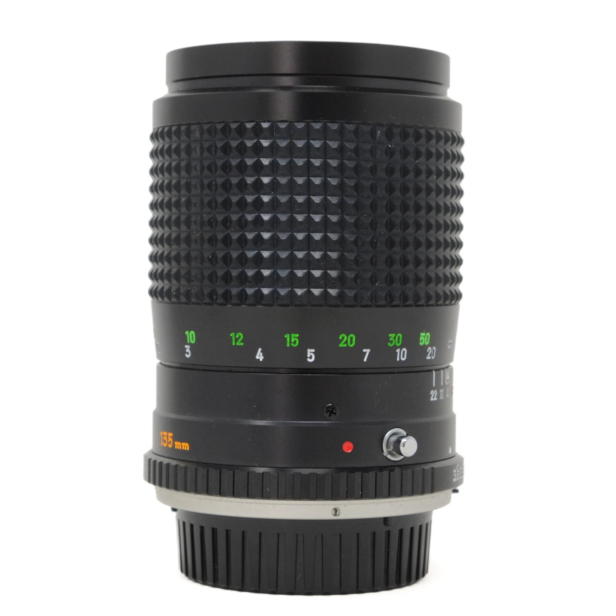 Camera lens with textured black body and visible brand name on a white background