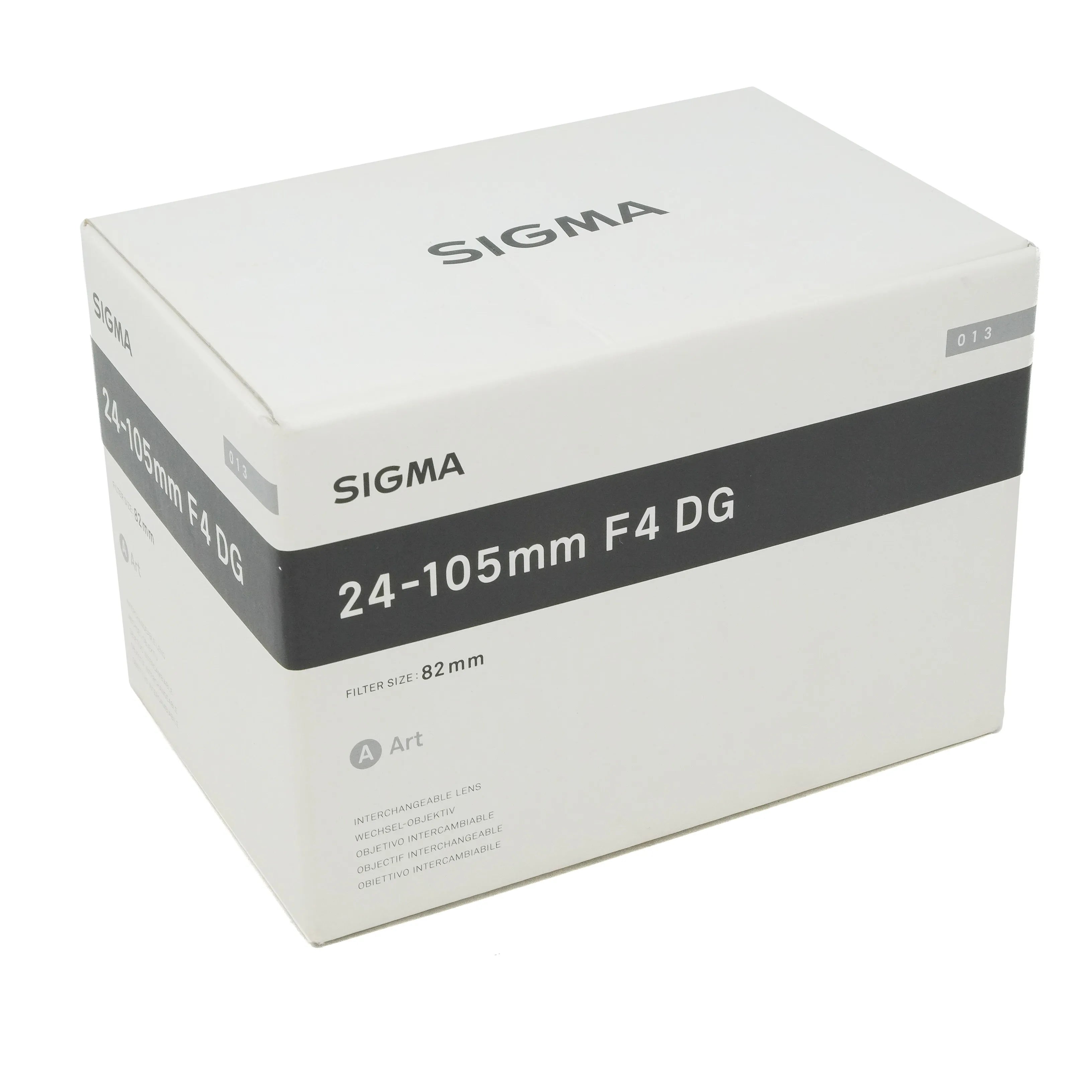 Sigma camera lens box with specifications on a white background
