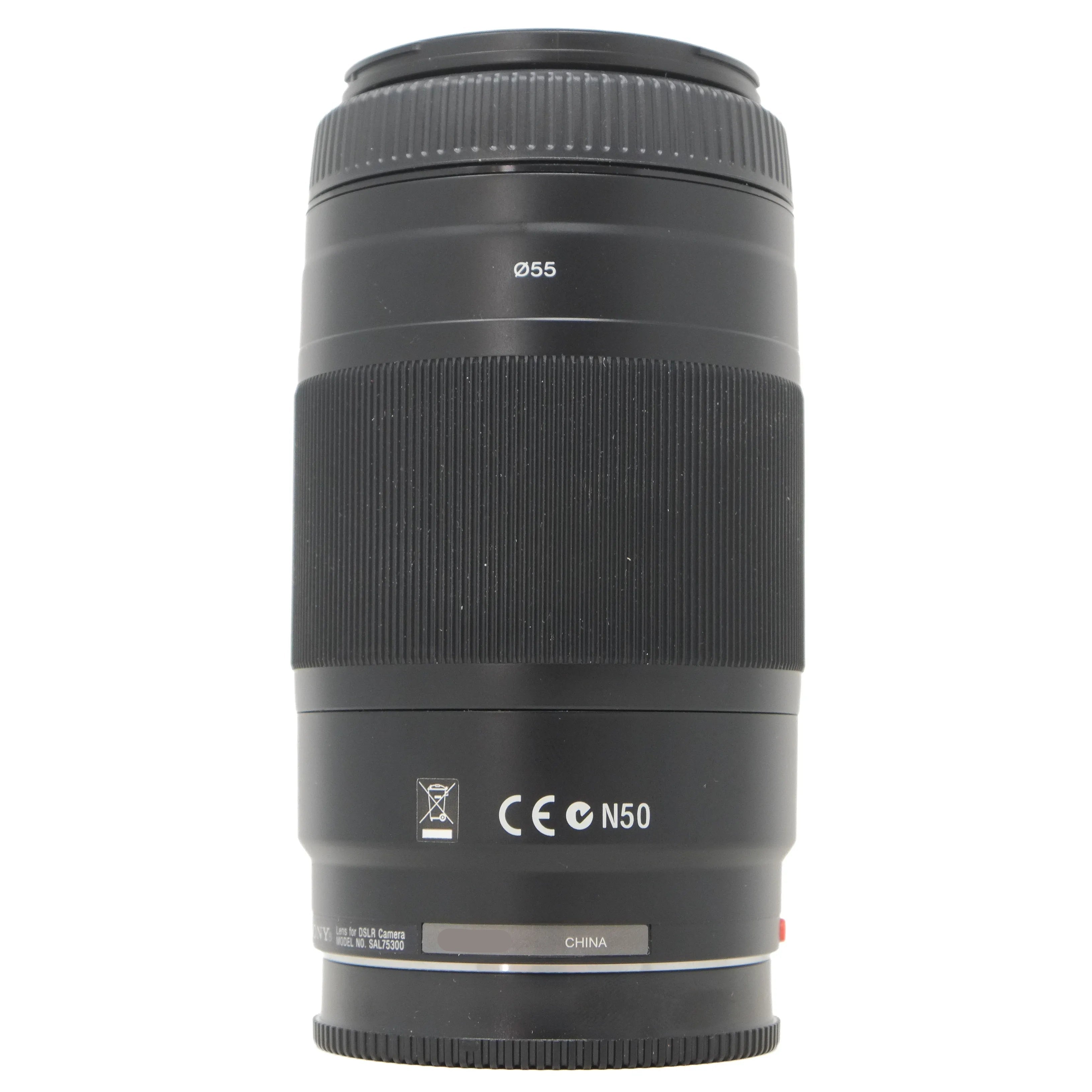 Black camera lens on a white background