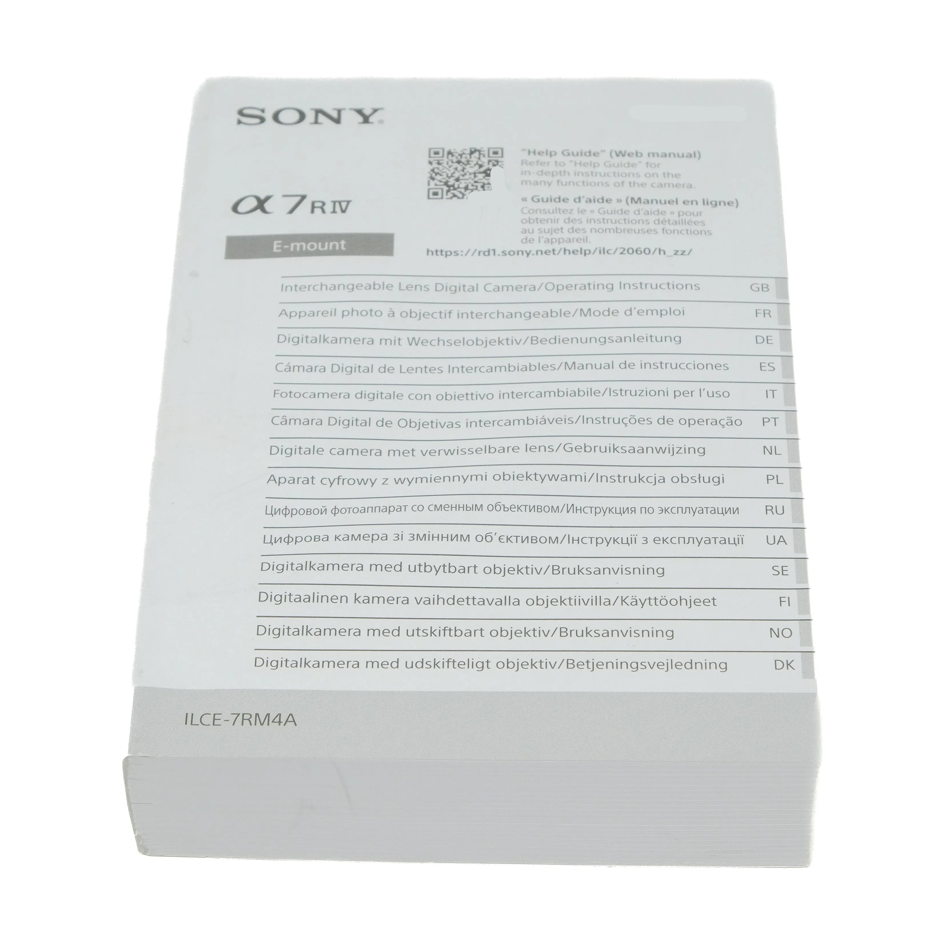 Sony a7 RIV camera instructions with multiple language text on a white background