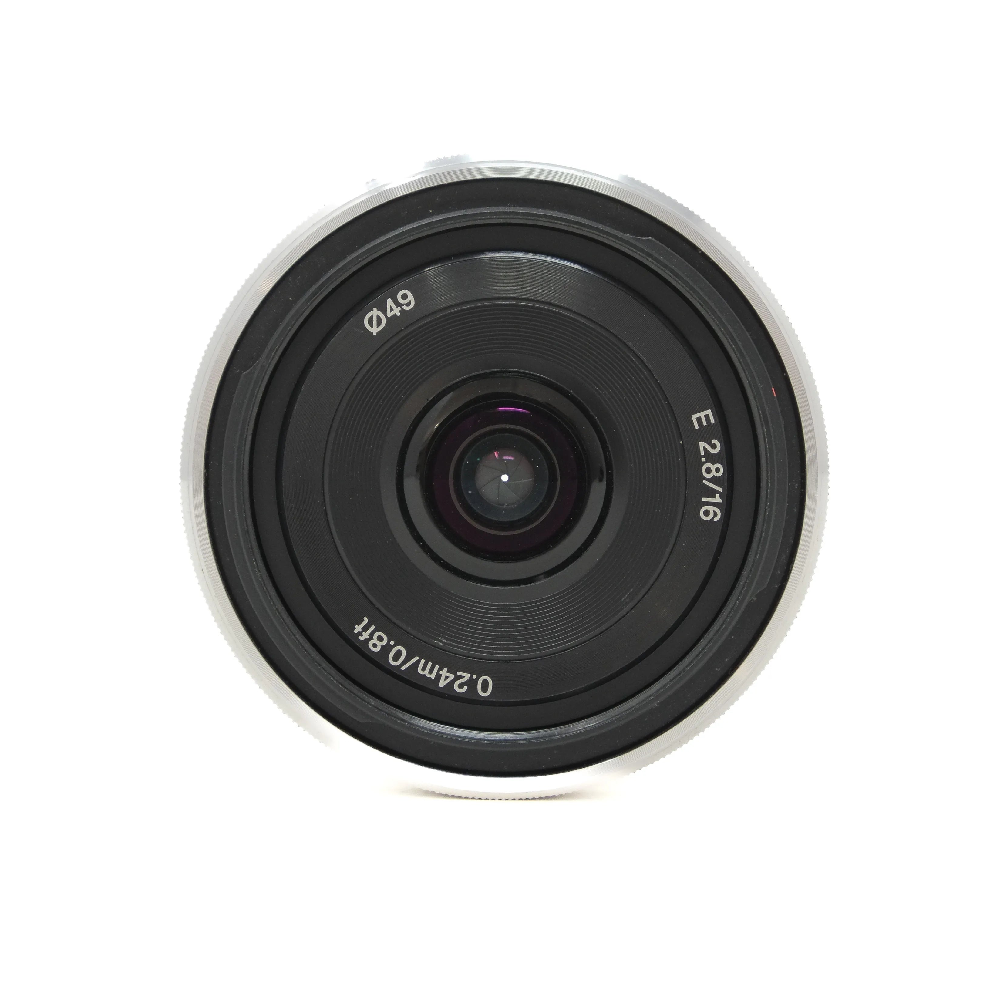Camera lens with specifications on a white background