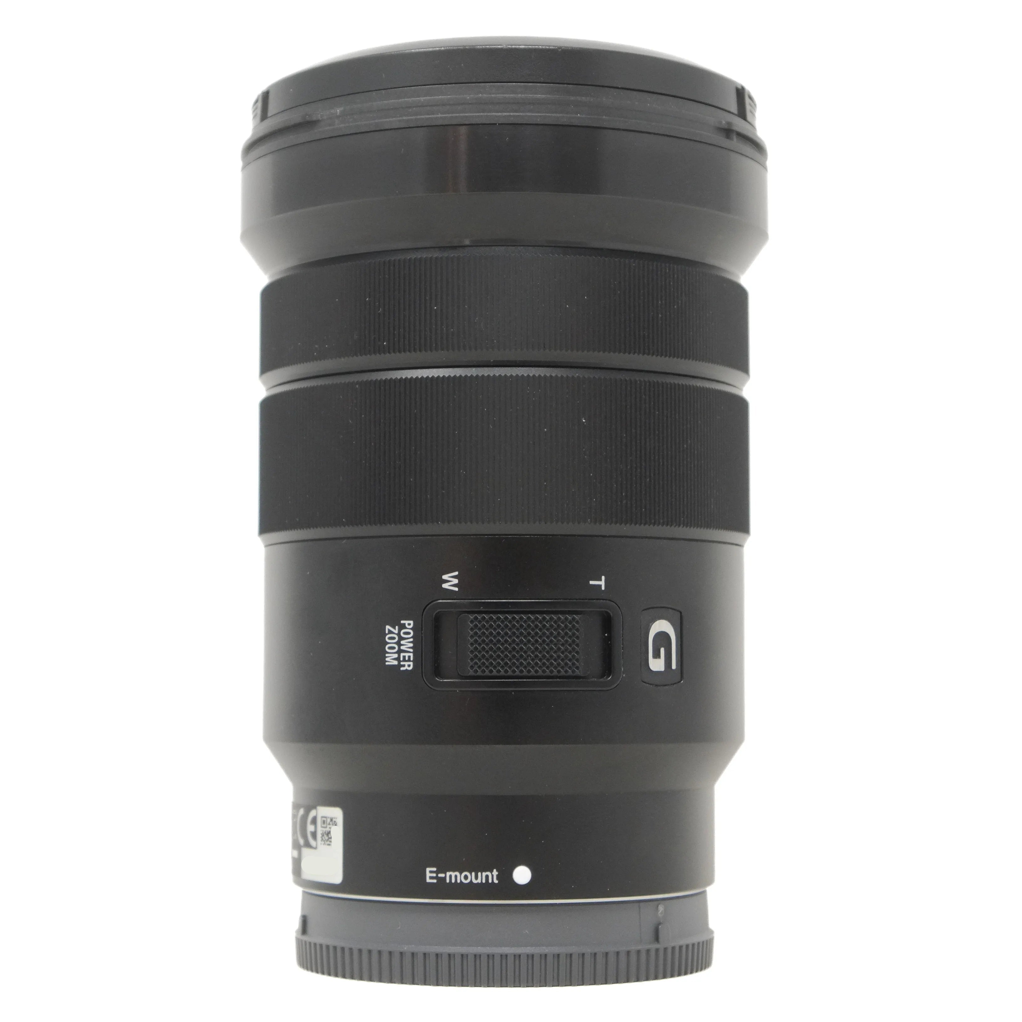 Camera lens with E-mount and G branding on a white background