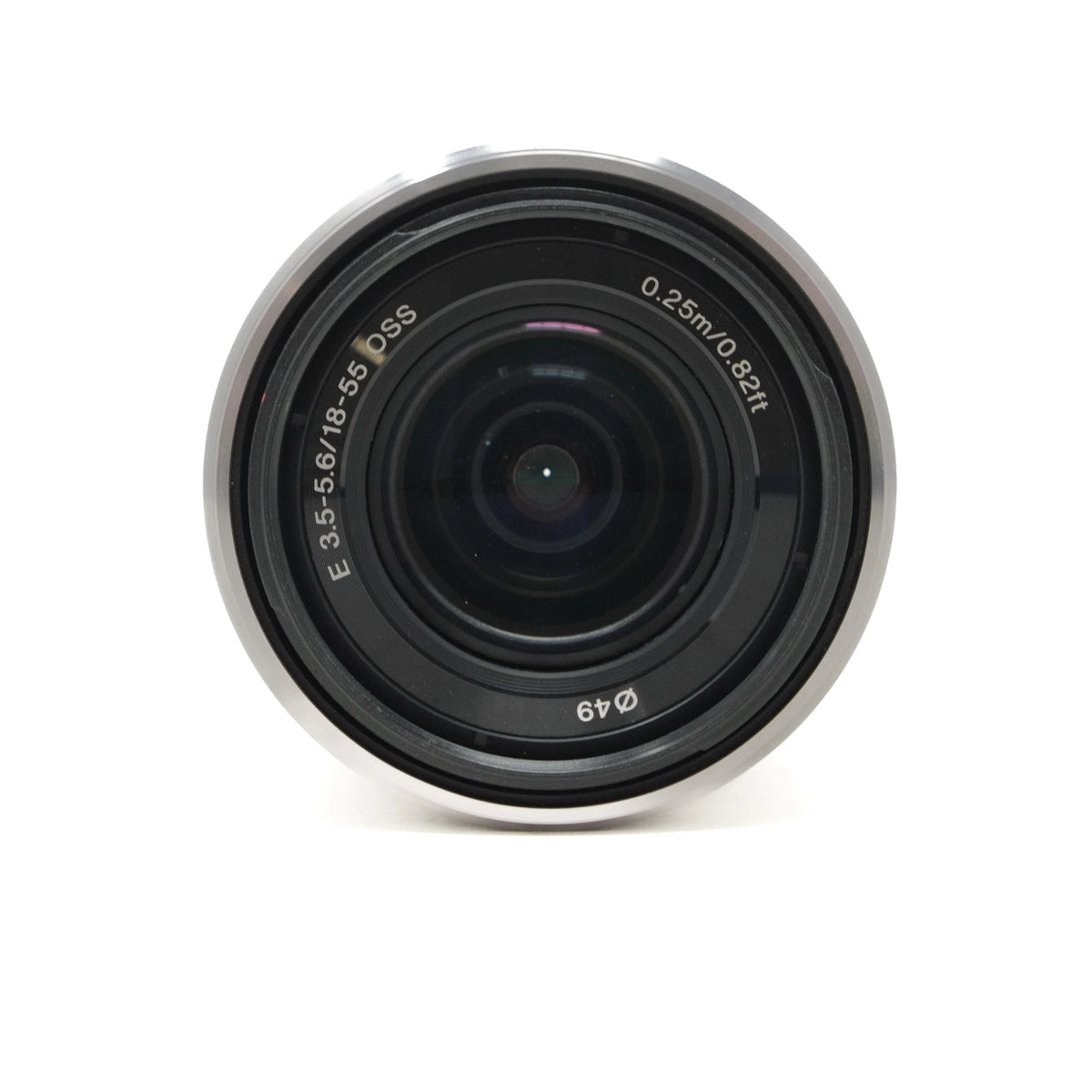 Camera lens with text on a white background