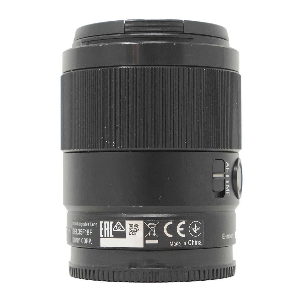 Camera lens with branding and specifications on a white background