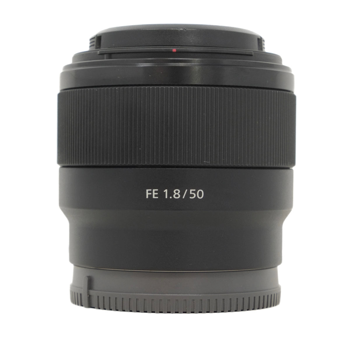 Camera lens with 'FE 1.8/50' marking on a white background