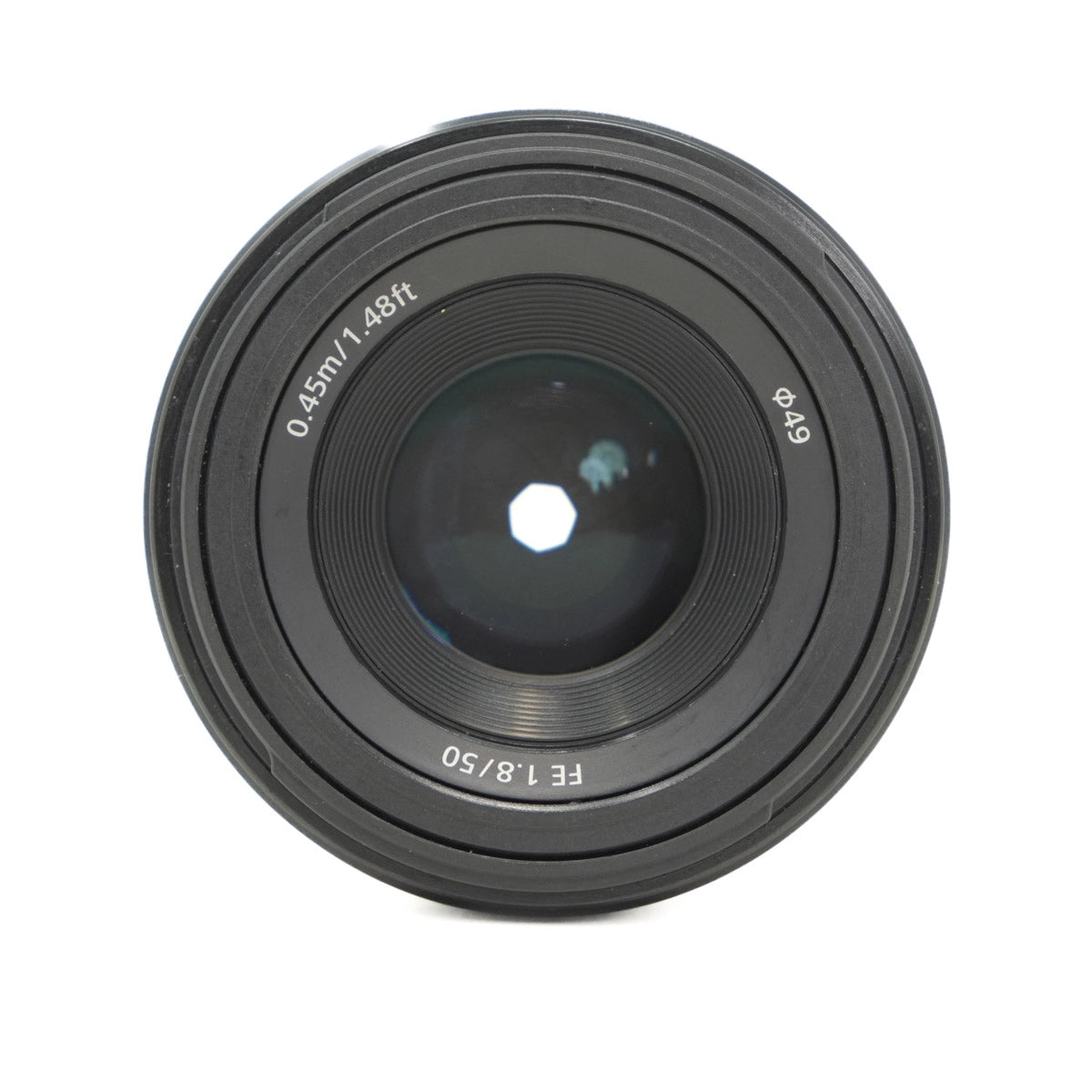 Camera lens with specifications on a white background
