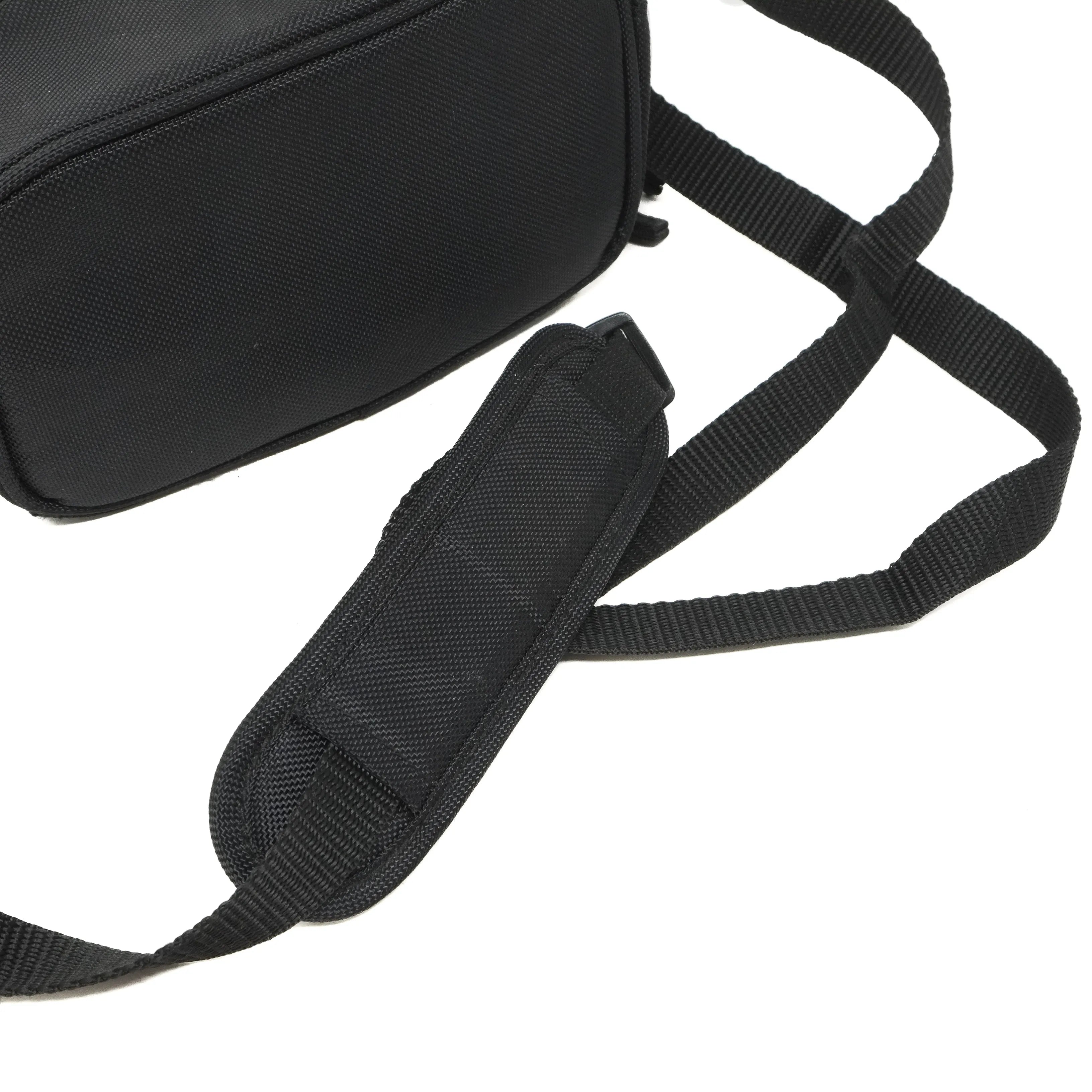 Black camera bag with a strap on a white background