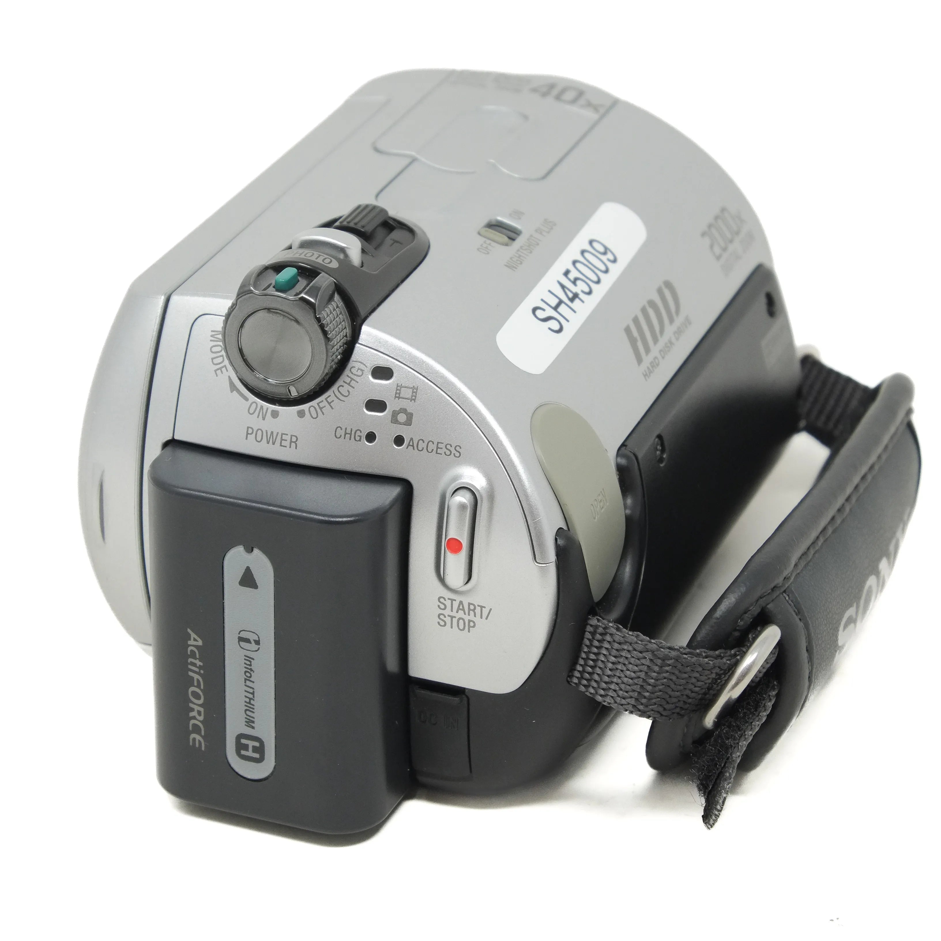 Digital camera with strap on a white background