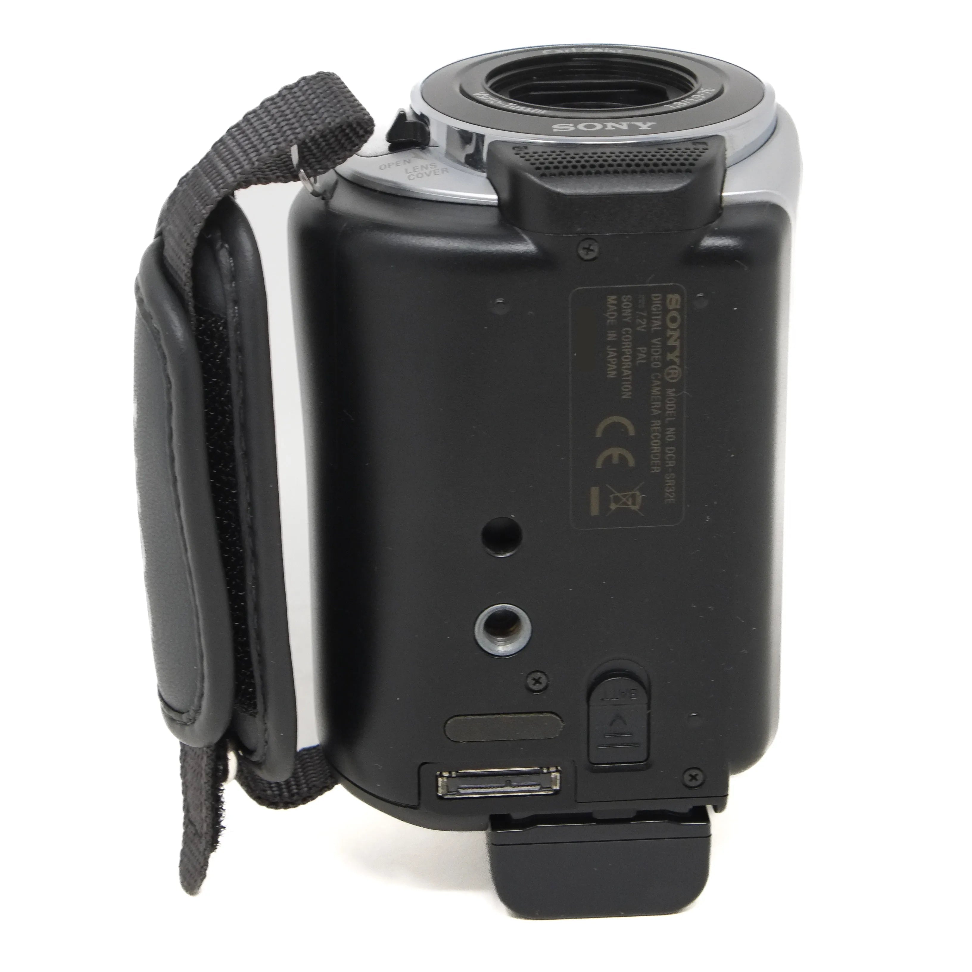 Bottom view of a Sony camera on a white background